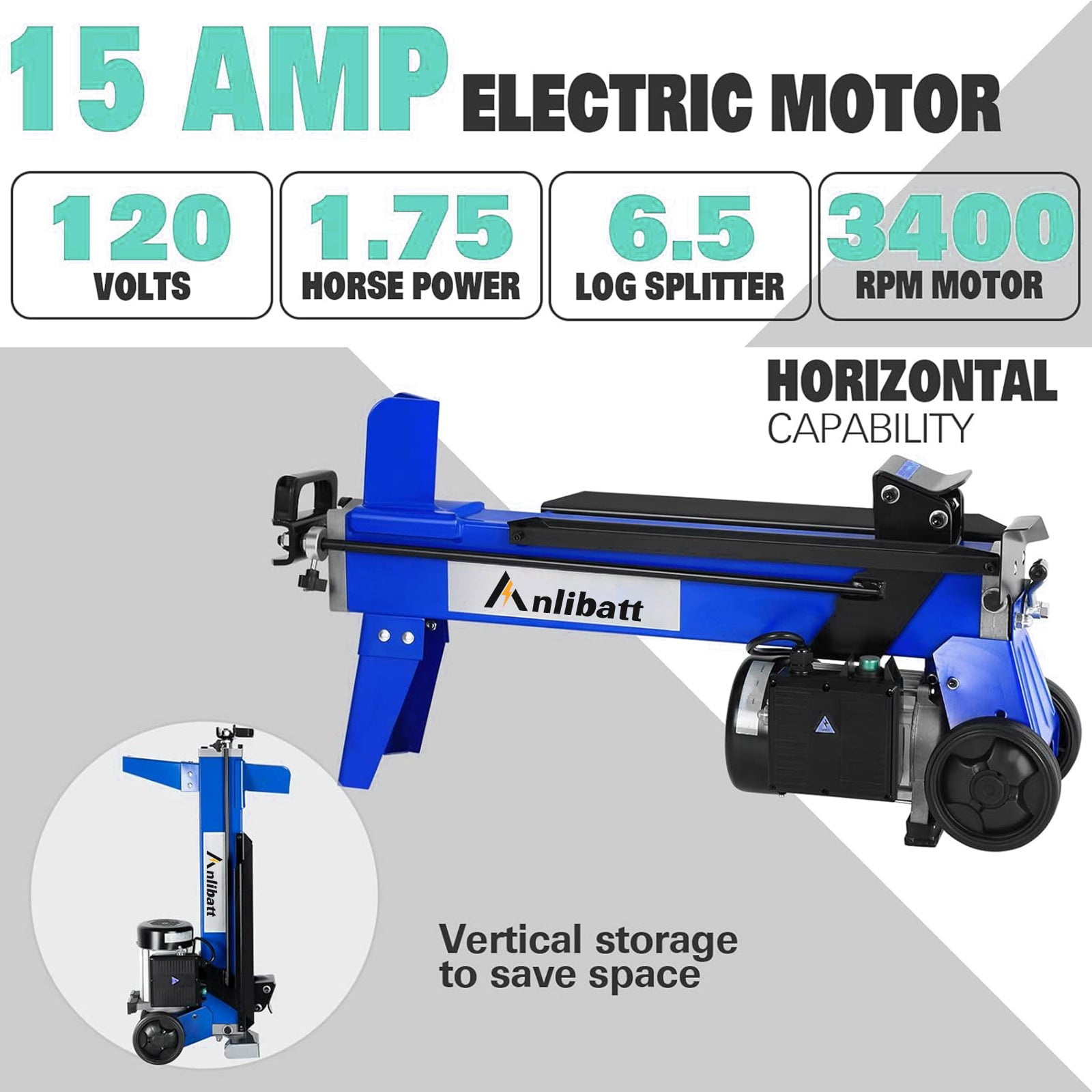 ANLIBATT Electric Log Splitter, 6.5 Ton 15-Amp Motor, Horizontal Wood Cutter for Firewood (Blue, 19 in) 82wgv