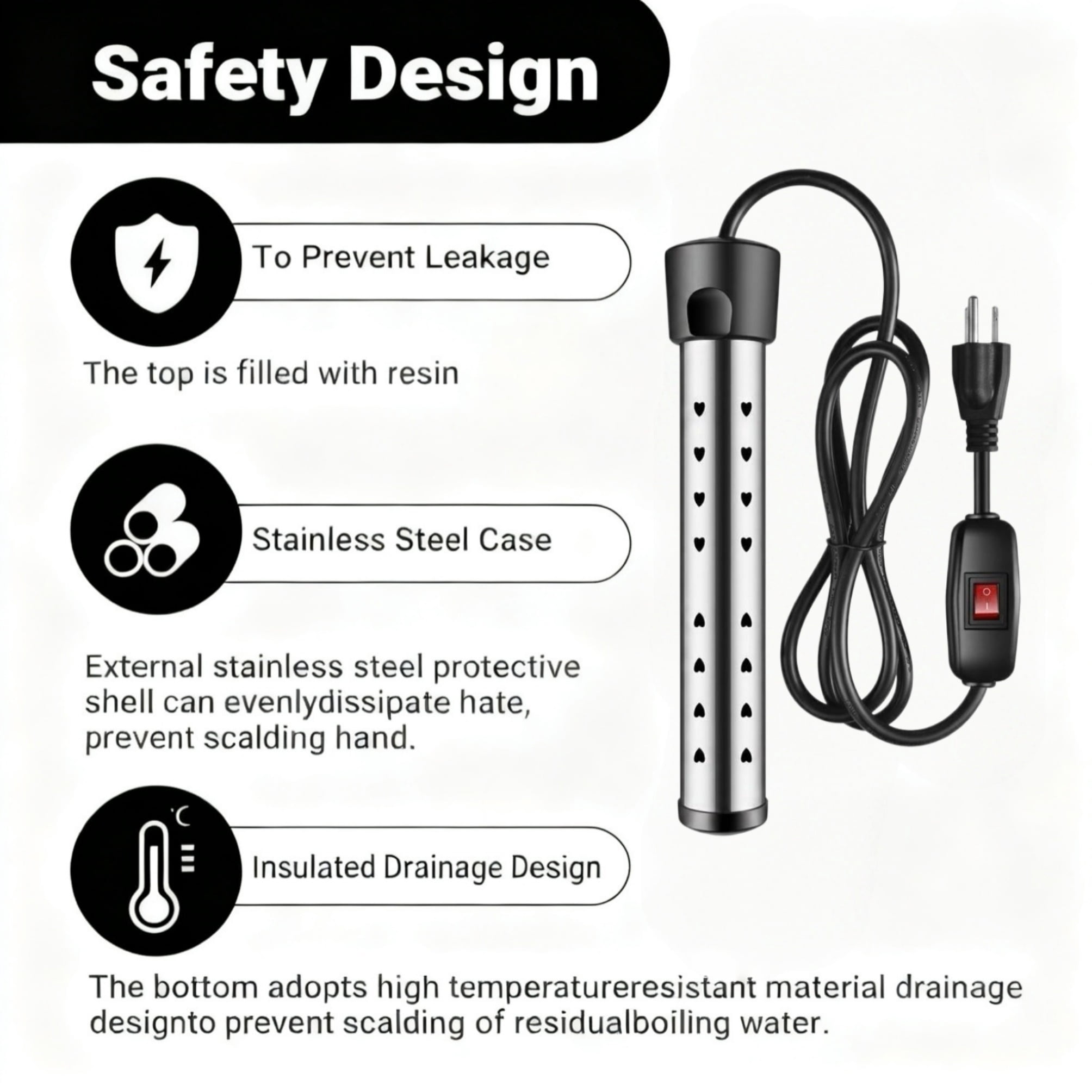 Asoricing Electric Immersion Water Heater, 1500W Fast Heating Element for Pools and Buckets (Black) 9fvuc