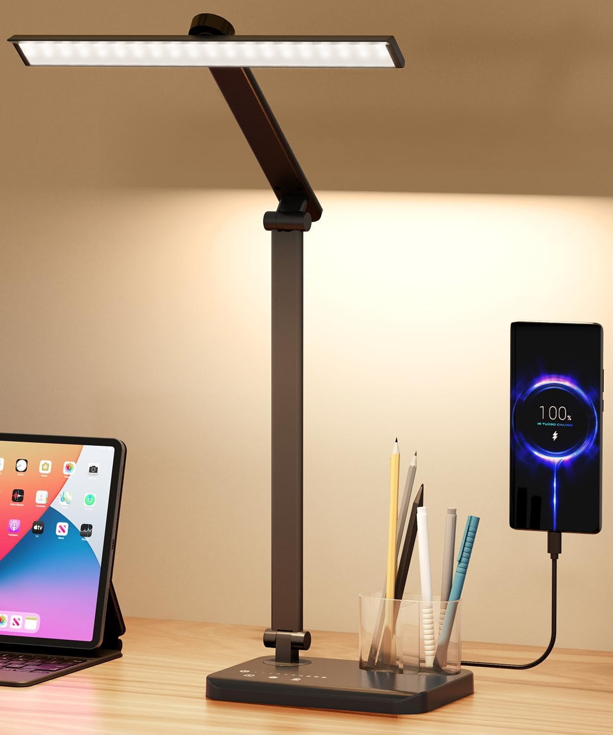 Hyper-Tech LED Desk Lamp with USB Charging Port, Eye-Caring Dimmable Table Light, 5 Color Modes, Foldable Design (White, 15 in) 4mftz