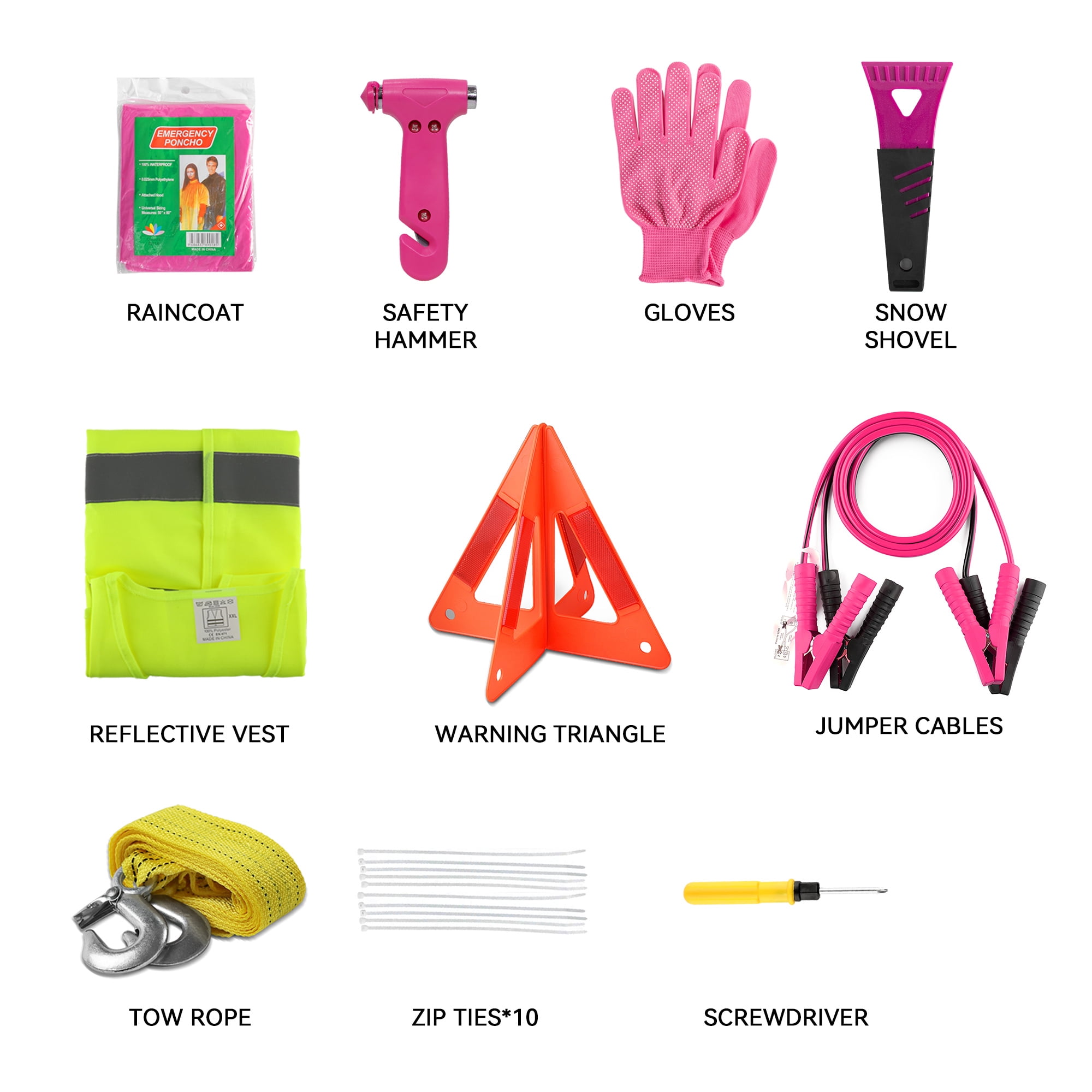 Kitgo Car Emergency Kit Roadside Safety Set with Jumper Cables (Pink, 1 Pack) 5to50