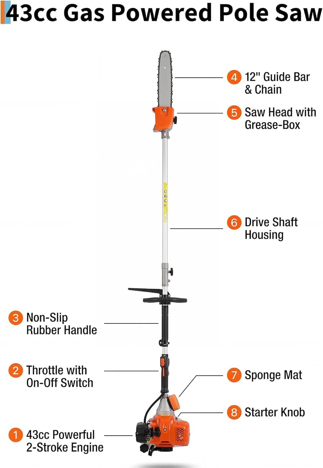 Boupower Gas Powered Pole Saw for Tree Trimming (Orange, 6.9 ft to 9.5 ft) yq3uz