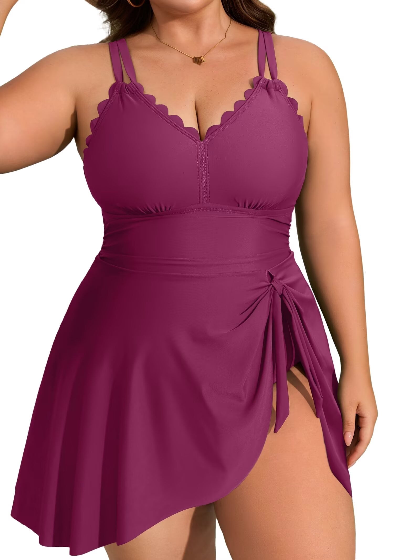 Asoul Womens Plus Size Scalloped V Neck One Piece Swimdress (Red, 1X) wde63