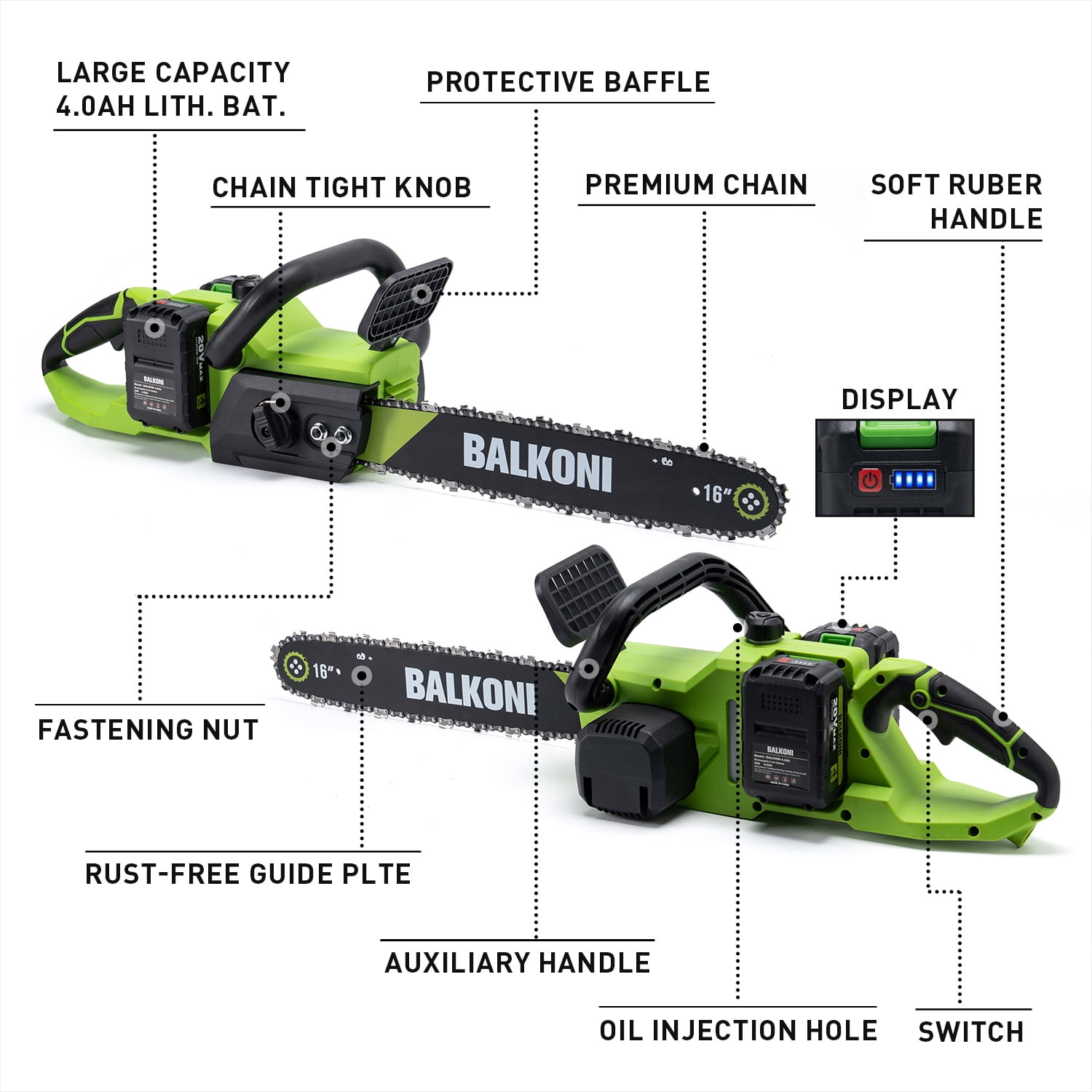 BALKONI 16 Inch Cordless Brushless Electric Chainsaw, High-Speed Motor with 2 Batteries (Green, 16 in) s7dwx