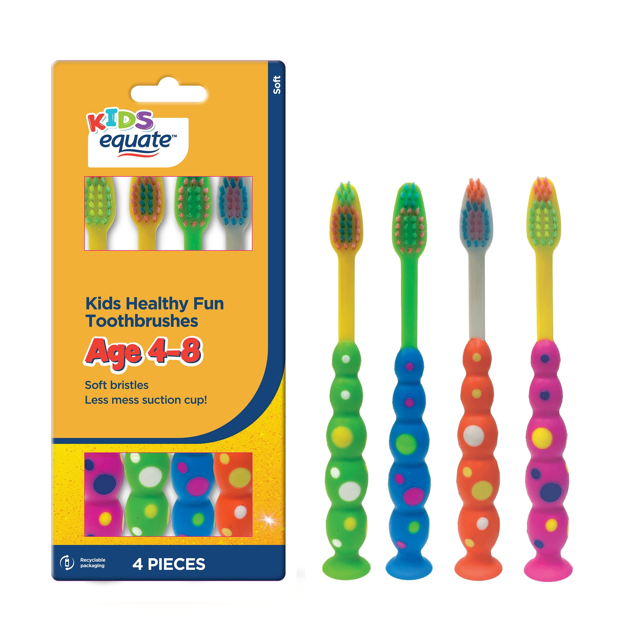 Equate Kids Manual Toothbrush Soft Bristles with Suction Cup Base (Red, 4 Count) v587n