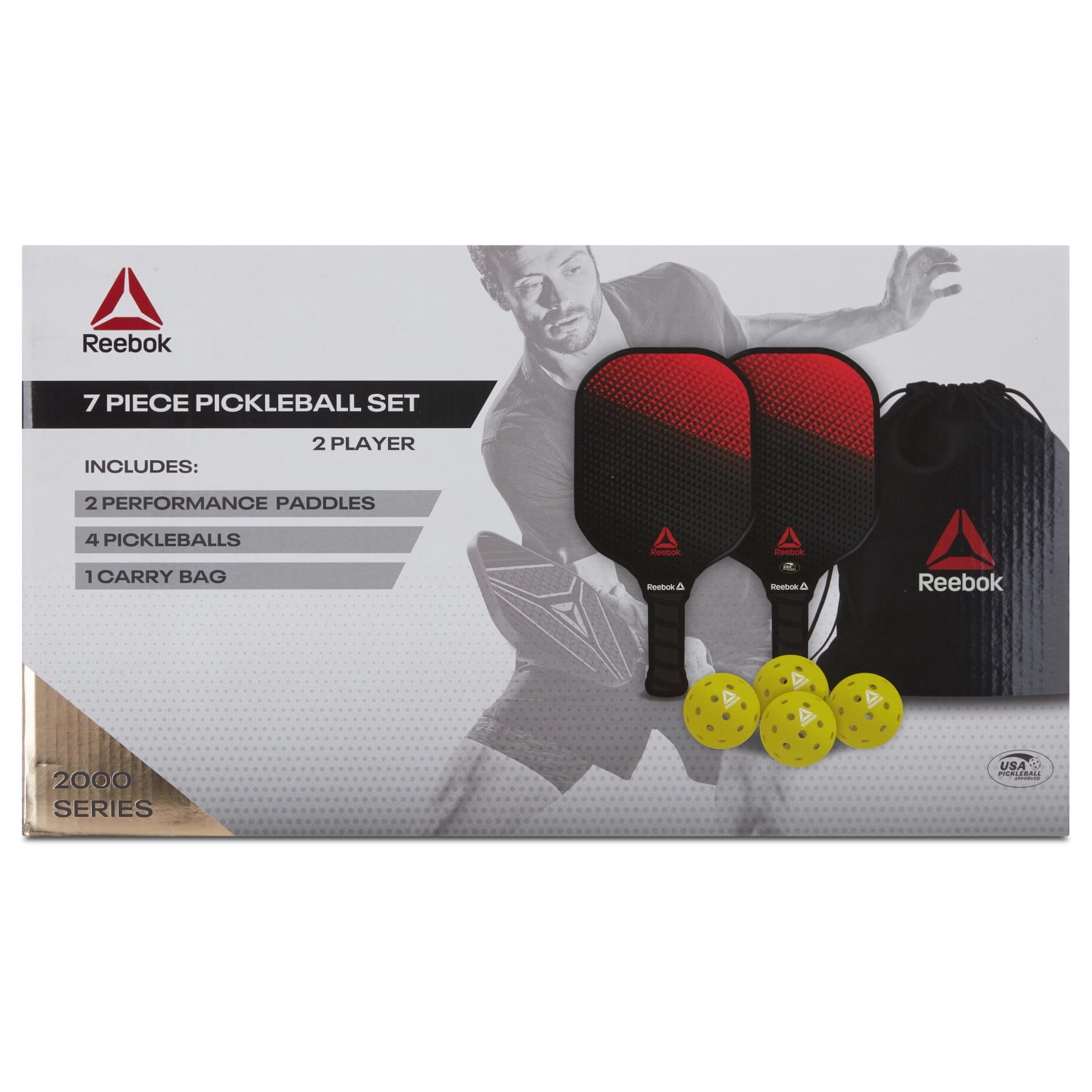 Reebok 7-Piece Pickleball Paddle Set with Fiberglass Surface and Cushioned Grip (2 Paddles, 4 Balls, 1 Bag) g3x2a