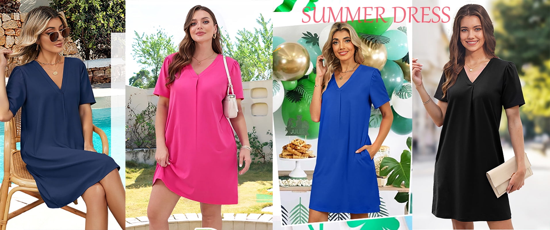 Fantaslook Women's Summer Casual Shift Dress V Neck Short Sleeve with Pockets (Black, L) 1co4m