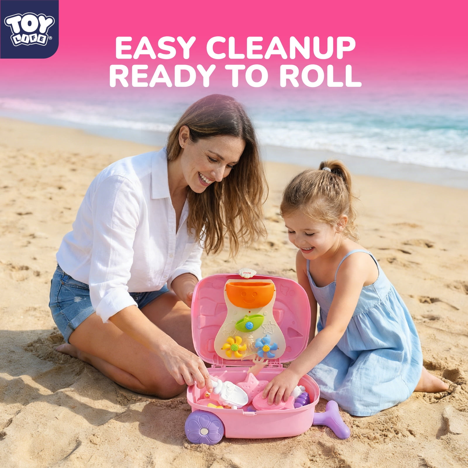 Toy Life Rolling Unicorn Sand Toy Set with Water Play Luggage (Pink, 8-Piece Set) z5nhs