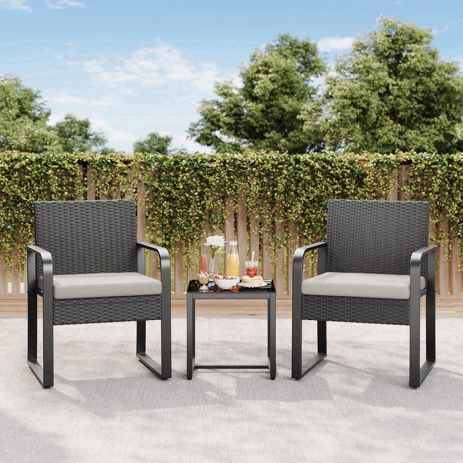 Asofer 3-Piece Outdoor Patio Furniture Set, All-Weather Wicker Bistro Chairs with Tempered Glass Table (Gray, 3-Piece Set) aovhk