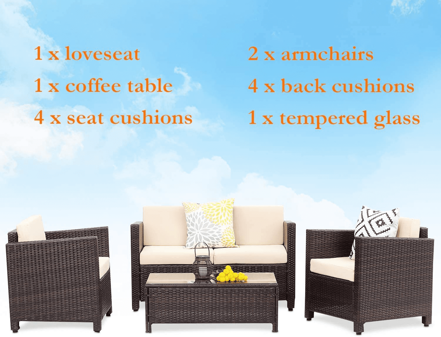 Royalcraft 4 Piece Outdoor Wicker Conversation Set with Cushions (Brown, 4 Piece Set) plrzt