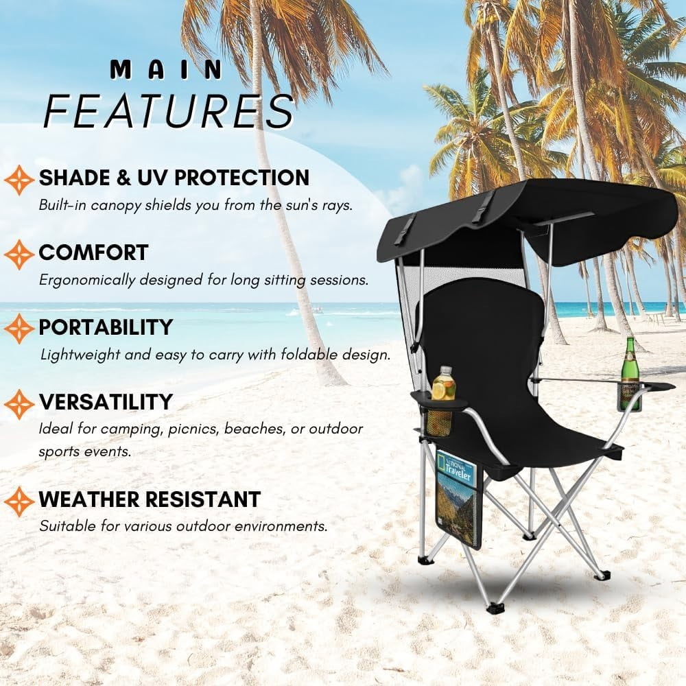 WilderHome Portable Camping Chair with Canopy, Folding Outdoor Seat with Sun Shade (Black) 1e2of