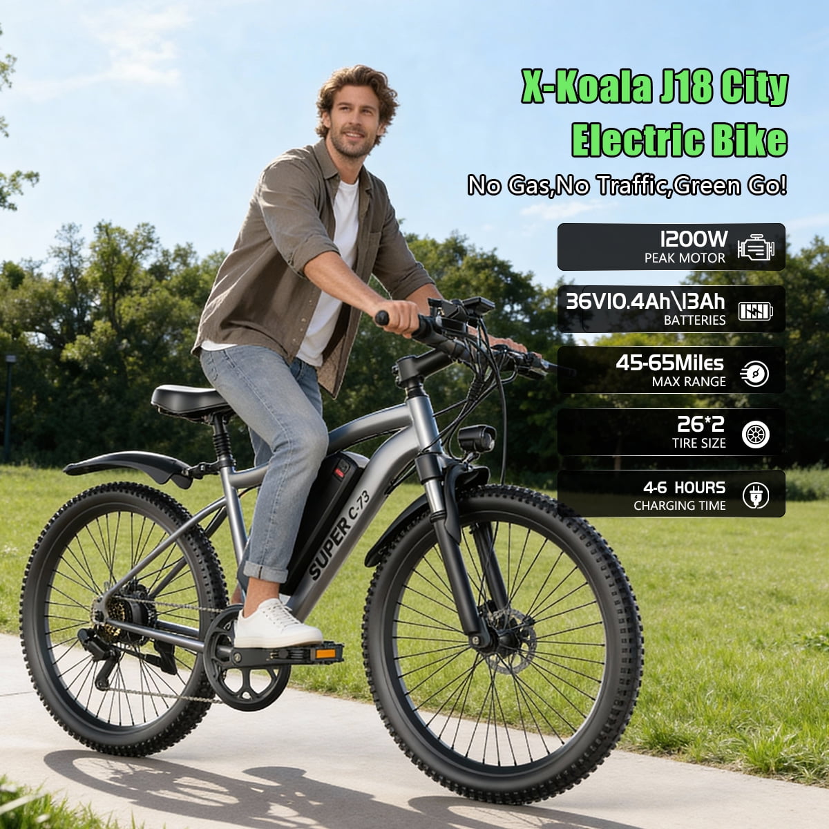 X-Koala Electric Mountain Bike for Adults, 1200W Peak Motor, 25MPH Commuter E-Bike with Removable Battery (Black, 26 in) 4y4qr