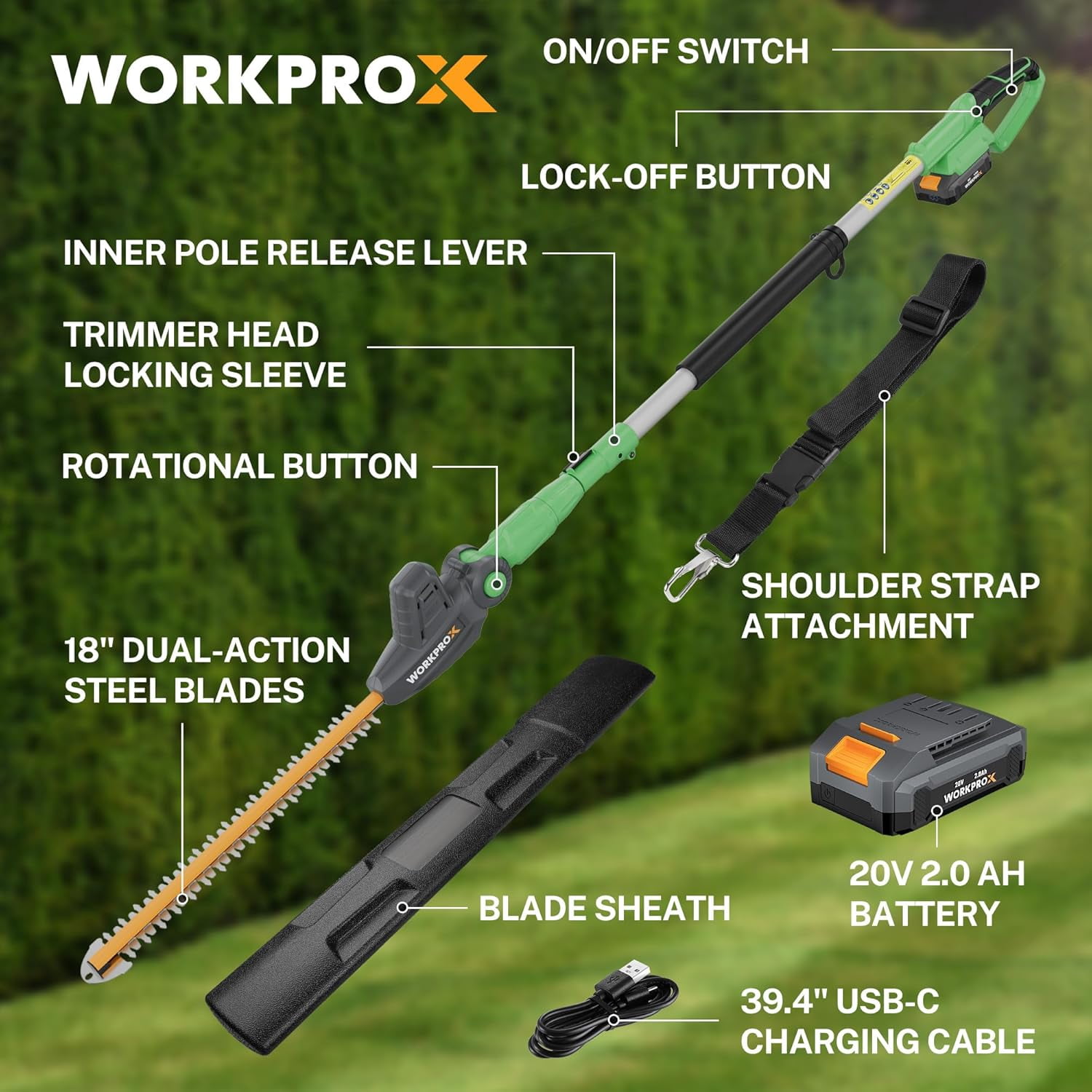 WORKPROX 20V Cordless Pole Hedge Trimmer, Telescoping Extension Pole with 11-Angle Adjustable Head (9.2 ft Reach, 2.0Ah Battery Included) tfzdb - Image 5