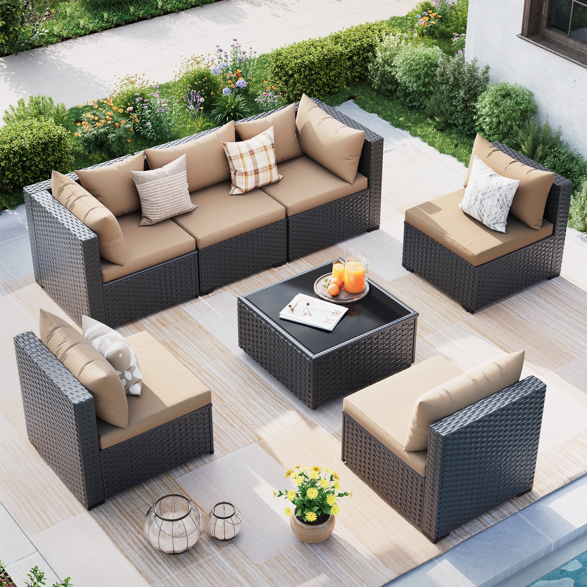 MRUAKA 7-Piece Outdoor Patio Conversation Set, PE Rattan Wicker Sectional Furniture with Cushions (Beige, 7-Piece Set) 6espu