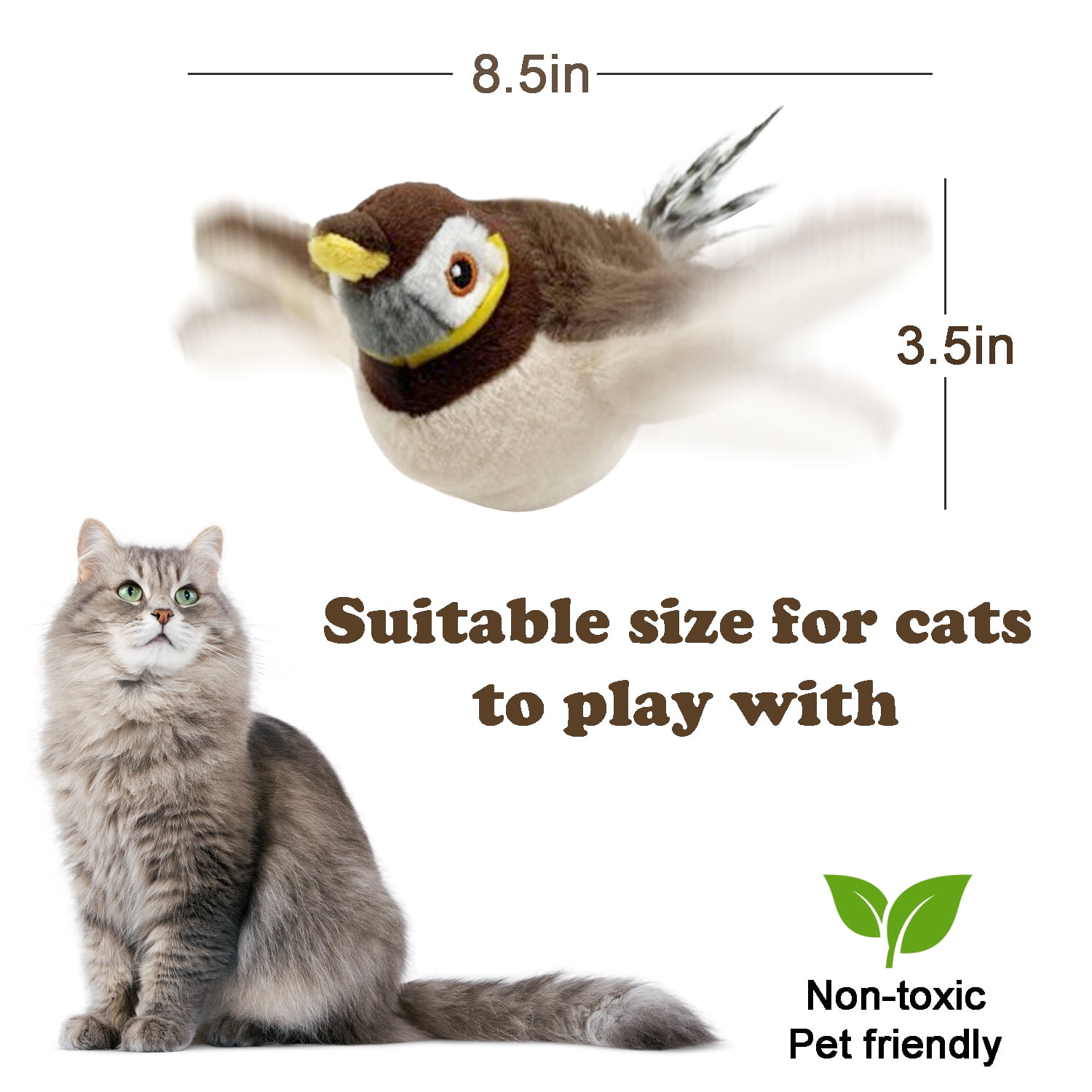 Tetou Interactive Flapping Bird Cat Toy, Motion Activated Plush Kitten Exercise Toy (Brown, 1 Pack) pnnx2