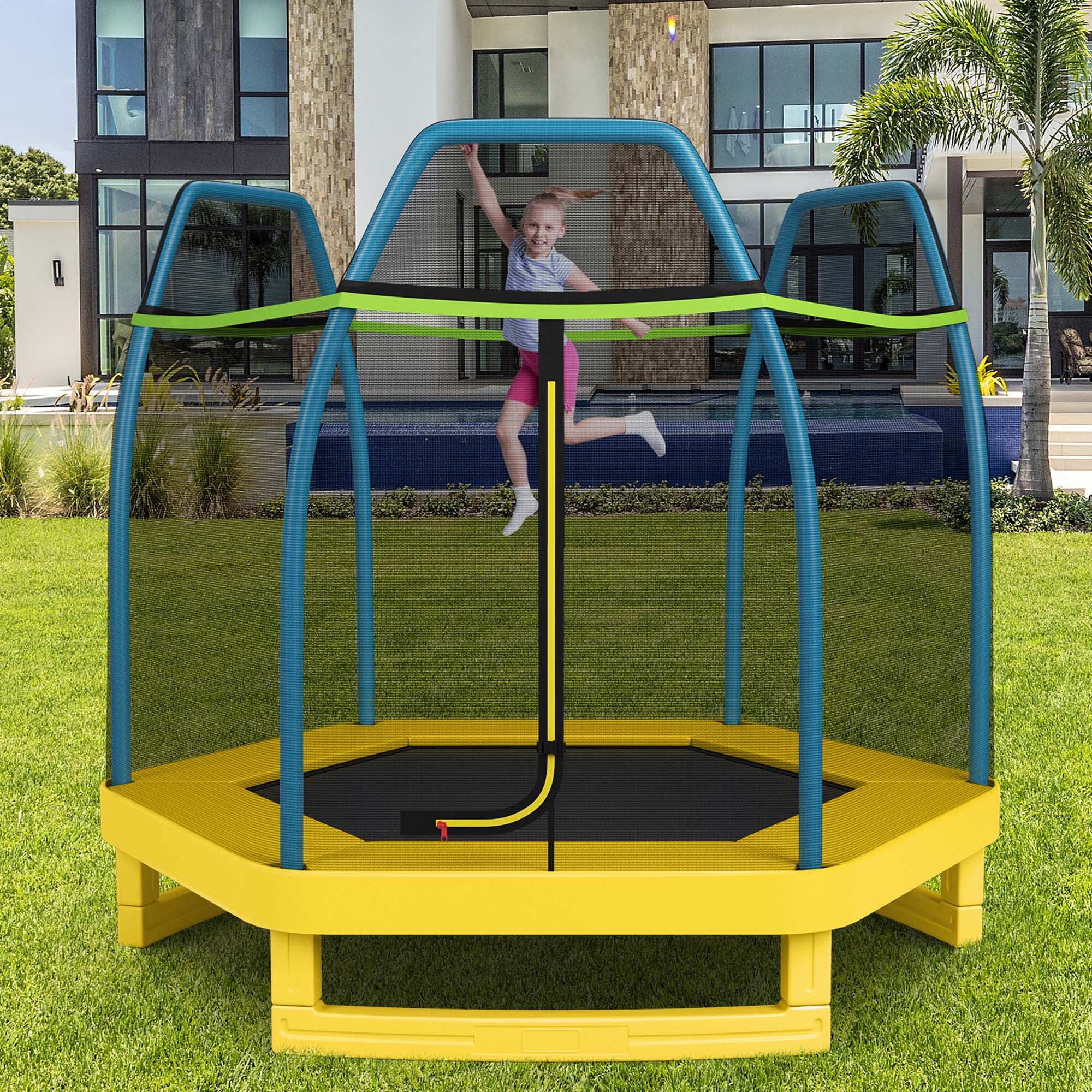 Costway 7 FT Kids Trampoline with Safety Enclosure Net and Padded Frame (Green, 7 ft) suyq4