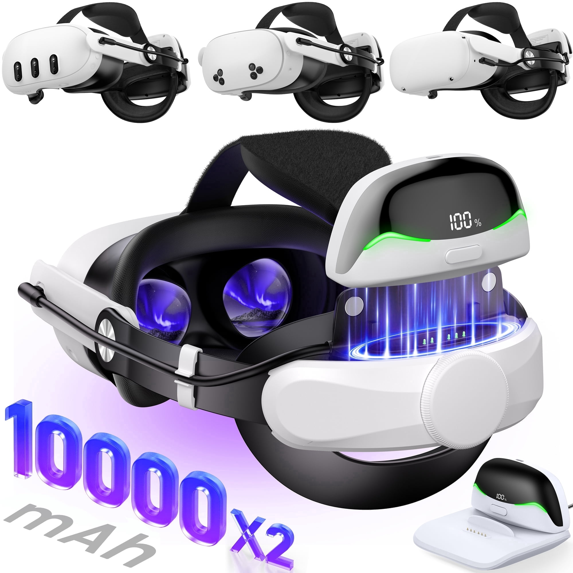 QQV VR Headset Strap for Meta Quest 3/3S/2 with Dual Magnetic Battery Packs and Charging Station (White, 20000mAh) my5q5