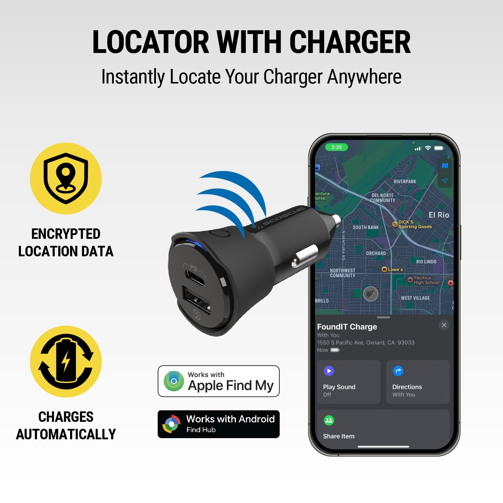 Scosche FoundIt Charge 32W Dual-Port USB-C & USB-A Car Charger with Built-in Locator (Black, 1 Pack) 3x9eg