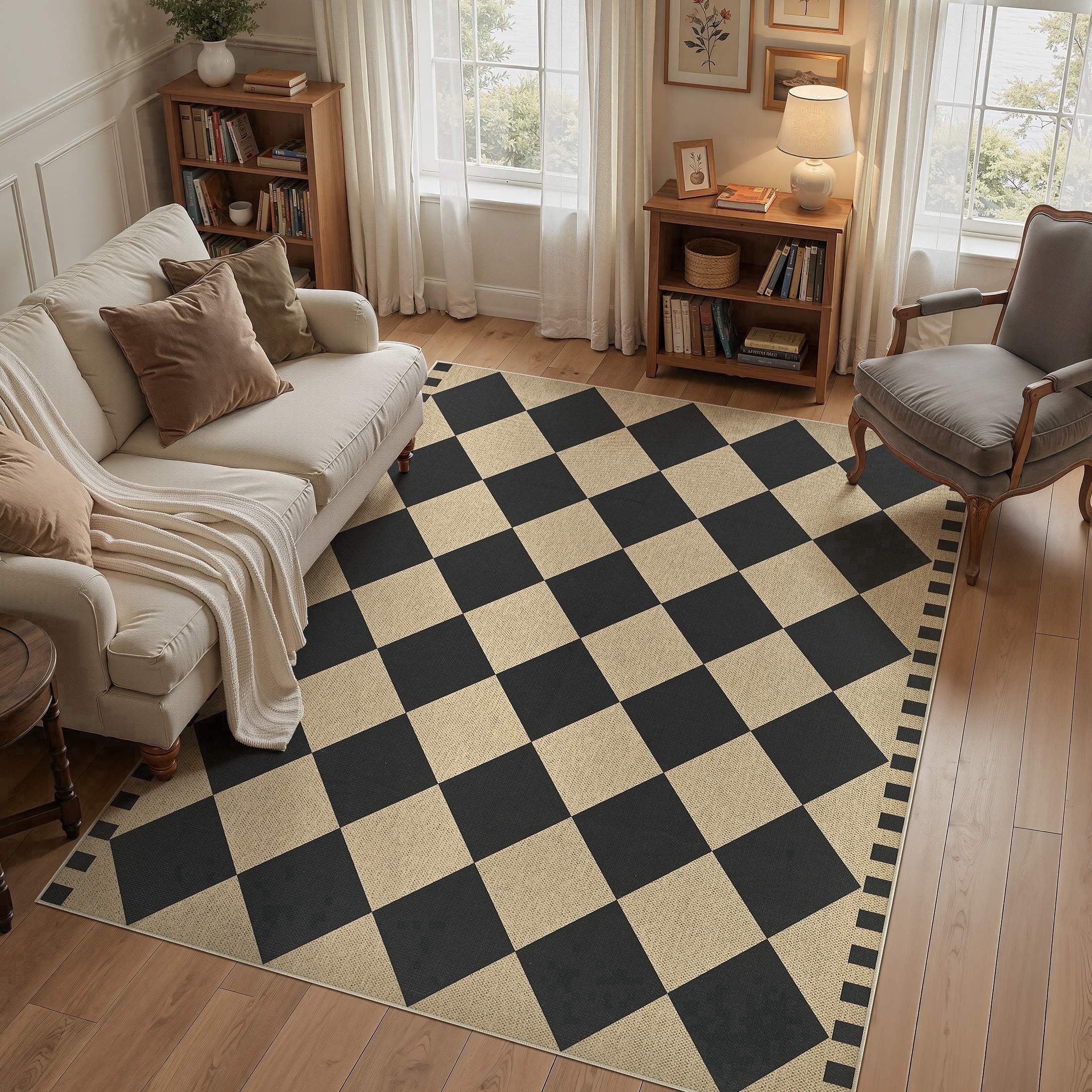 UERMEI Checkered Geometric Area Rug, Non-Slip Washable Farmhouse Carpet for Living Room and Dining Room (Black, 5 ft x 7 ft) l34aq