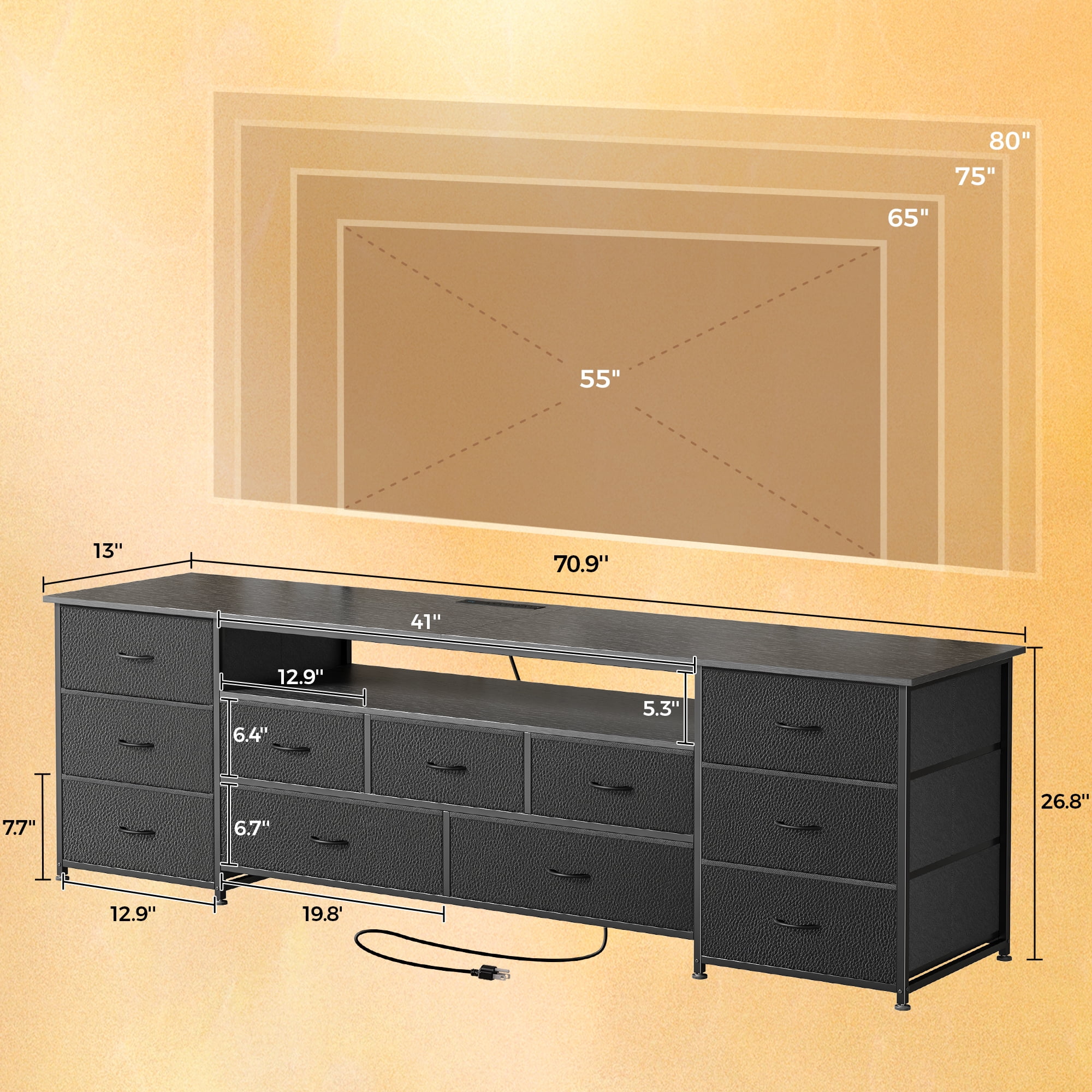 Amadwell Large TV Stand for 75 to 80 Inch TVs, Entertainment Center with 11 Drawers, LED Lights, and Power Outlets (Black, 70.9 in) dlmgi