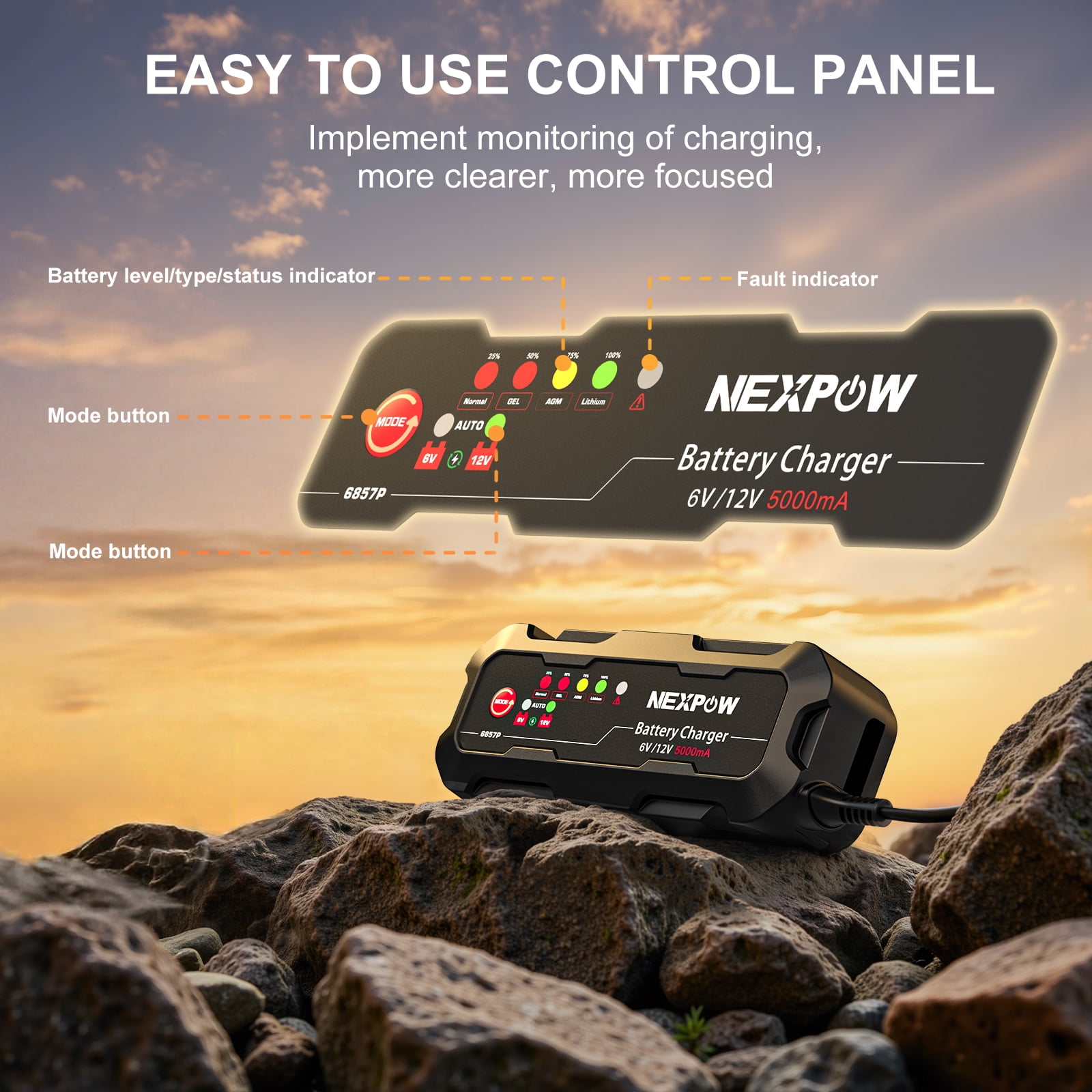 NEXPOW Smart Battery Charger and Maintainer, 5A 6V/12V Trickle Charger with Force Charge Mode (Black, 1 Pack) ypufv