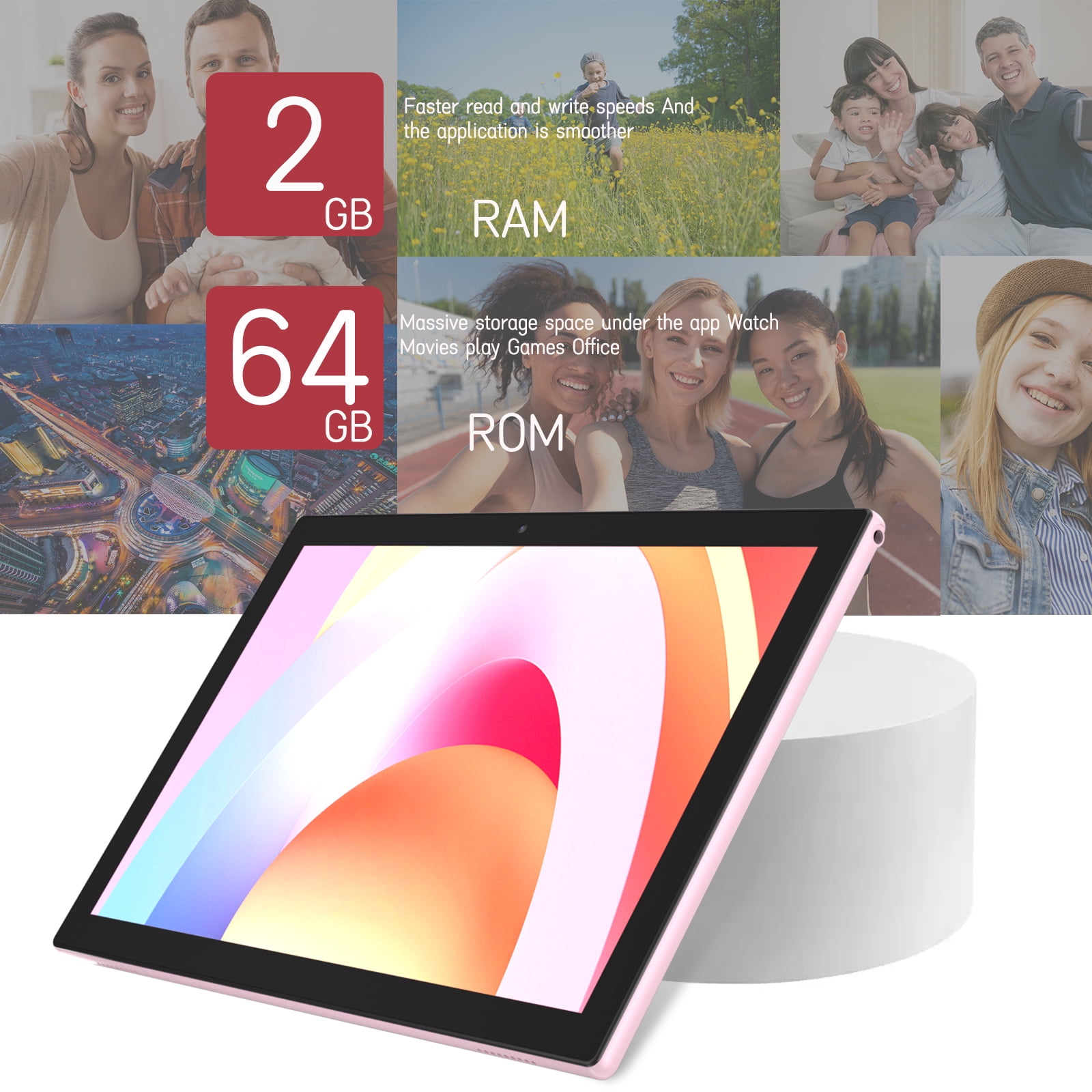 ZZB Android 14 Tablet 10.1 inch HD Touch Screen, 64GB Storage, Quad-Core Processor, Wi-Fi, 8MP Camera (Pink, 10.1 in) fhzhb