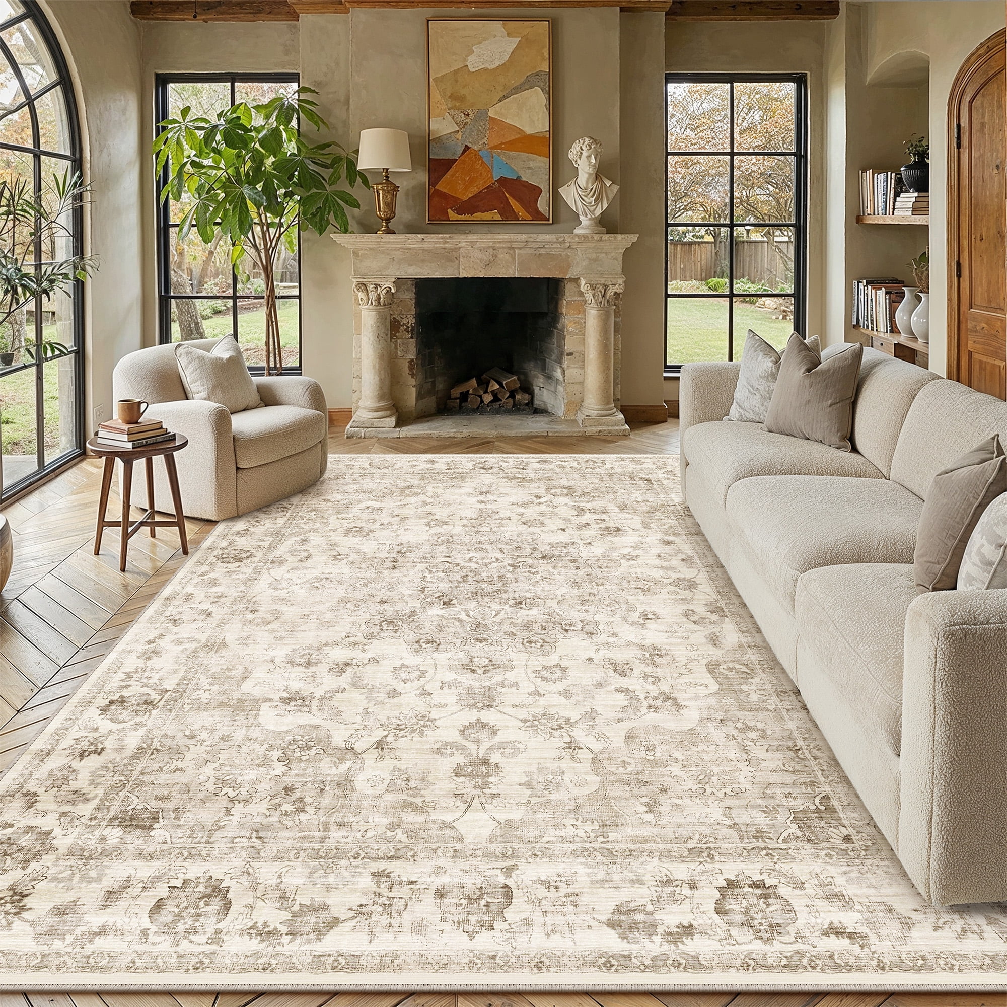 Berthmeer Vintage Oriental Area Rug, Machine Washable Non-Slip Distressed Carpet for Living Room and Bedroom (Beige, 8 ft x 10 ft) lln22