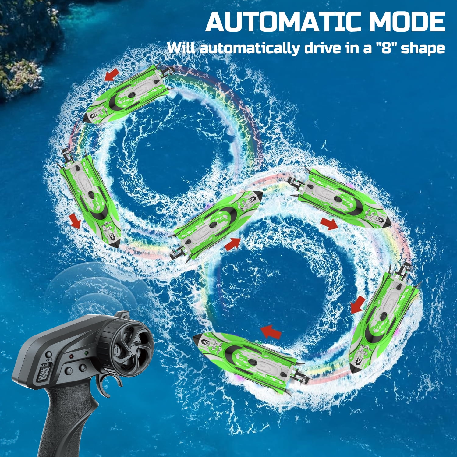 JoyStone High-Speed Remote Control Racing Boat with LED Lights (Green, 12 in) lzwsc