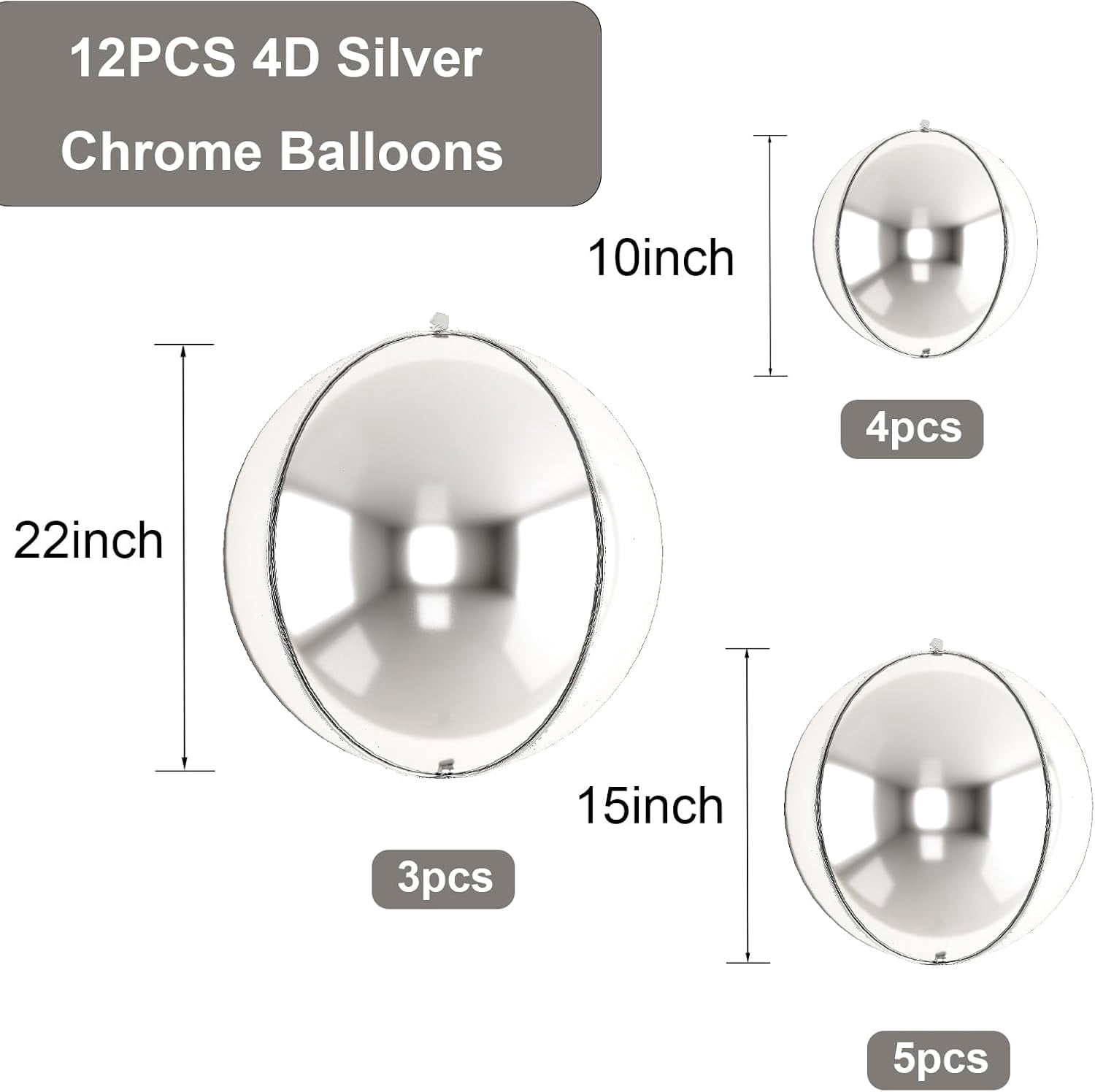 Generic 4D Metallic Silver Sphere Foil Balloons (Assorted Sizes, 12 Pack) welyz