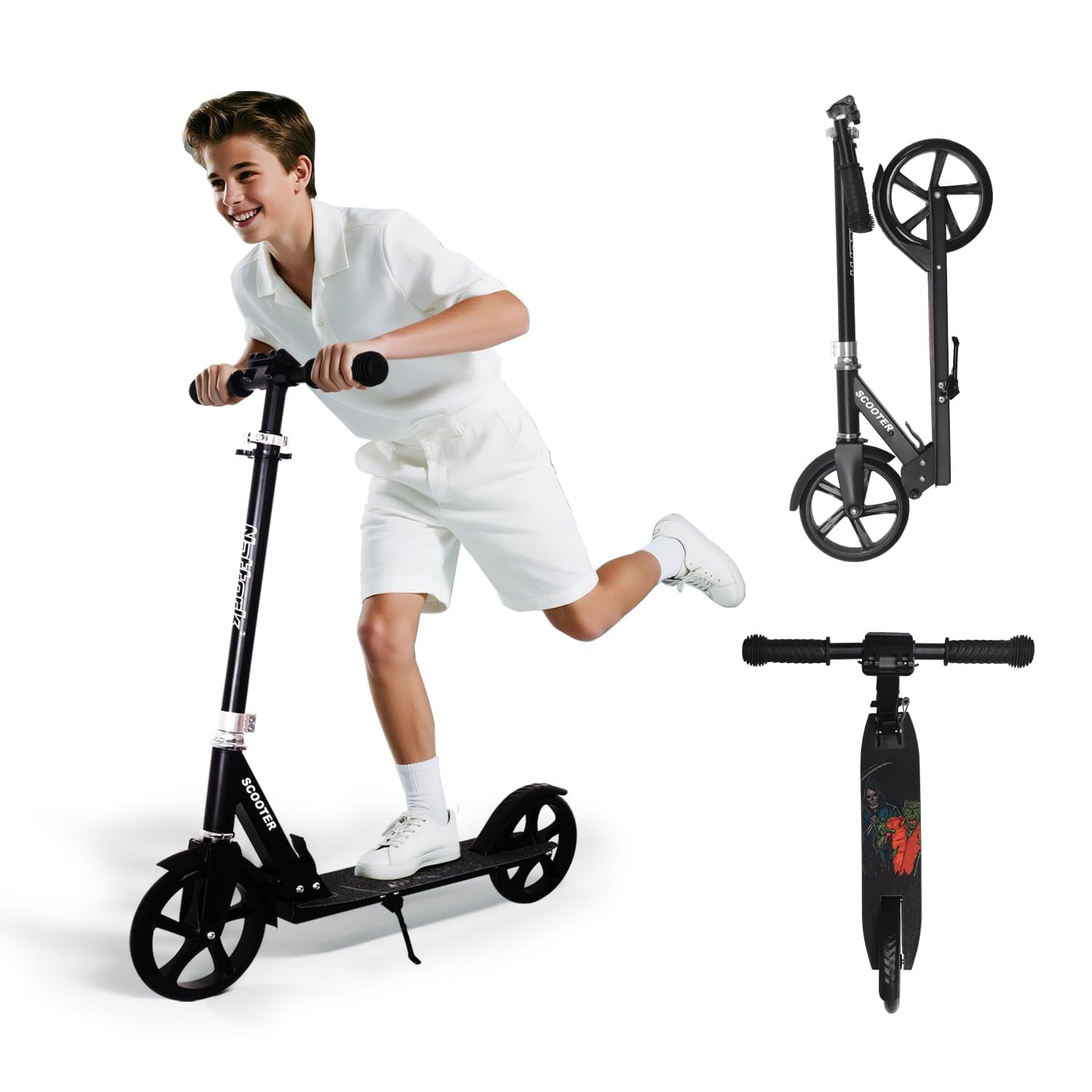 MammyGol Kick Scooter for Kids and Teens, Adjustable Height Folding Scooter with Anti-Shock Suspension (Black, 1 Unit) gz50v