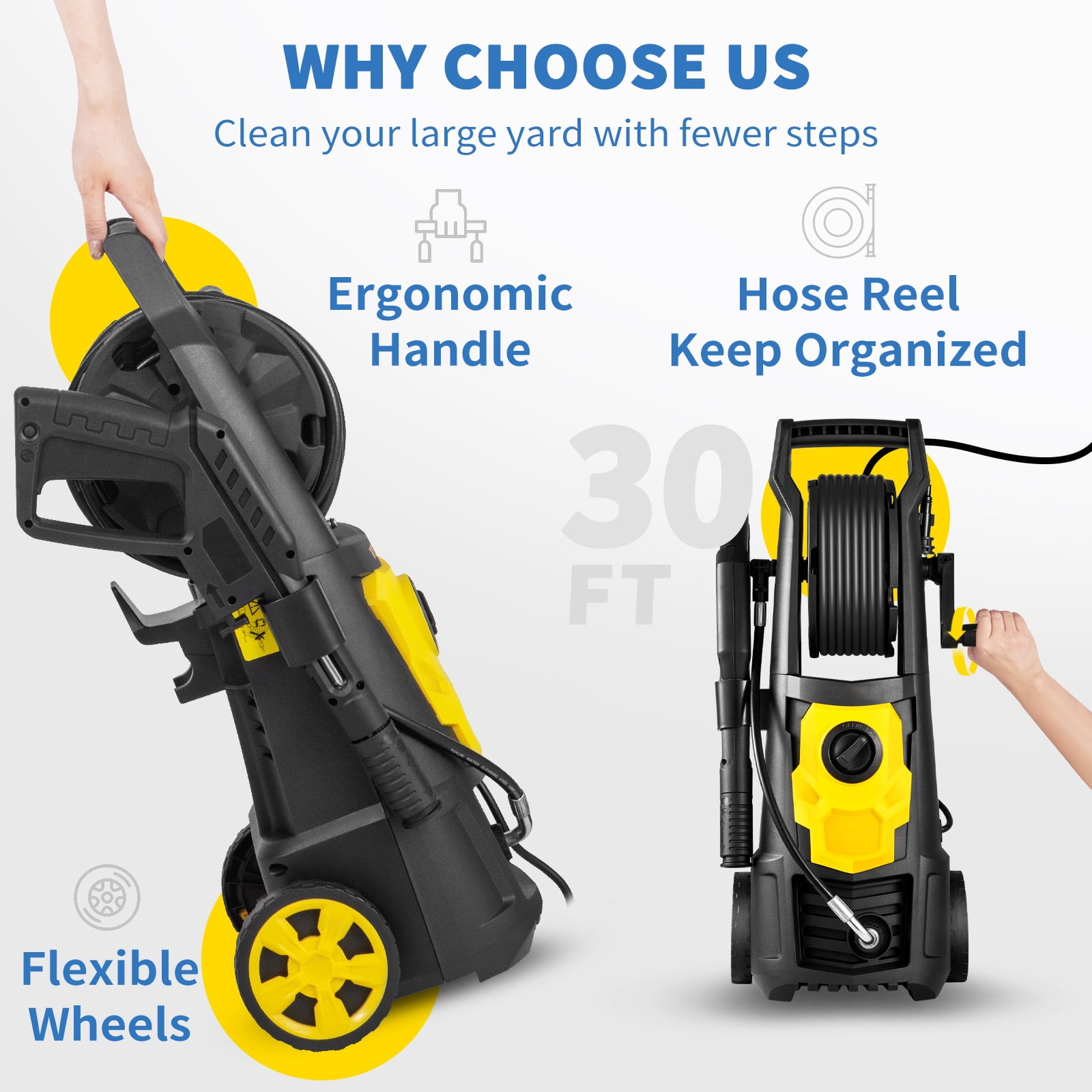BENTISM Electric Pressure Washer, 2000 PSI 1.65 GPM Power Washer with 30 ft Hose Reel and 5 Quick Connect Nozzles (Black) znfxj