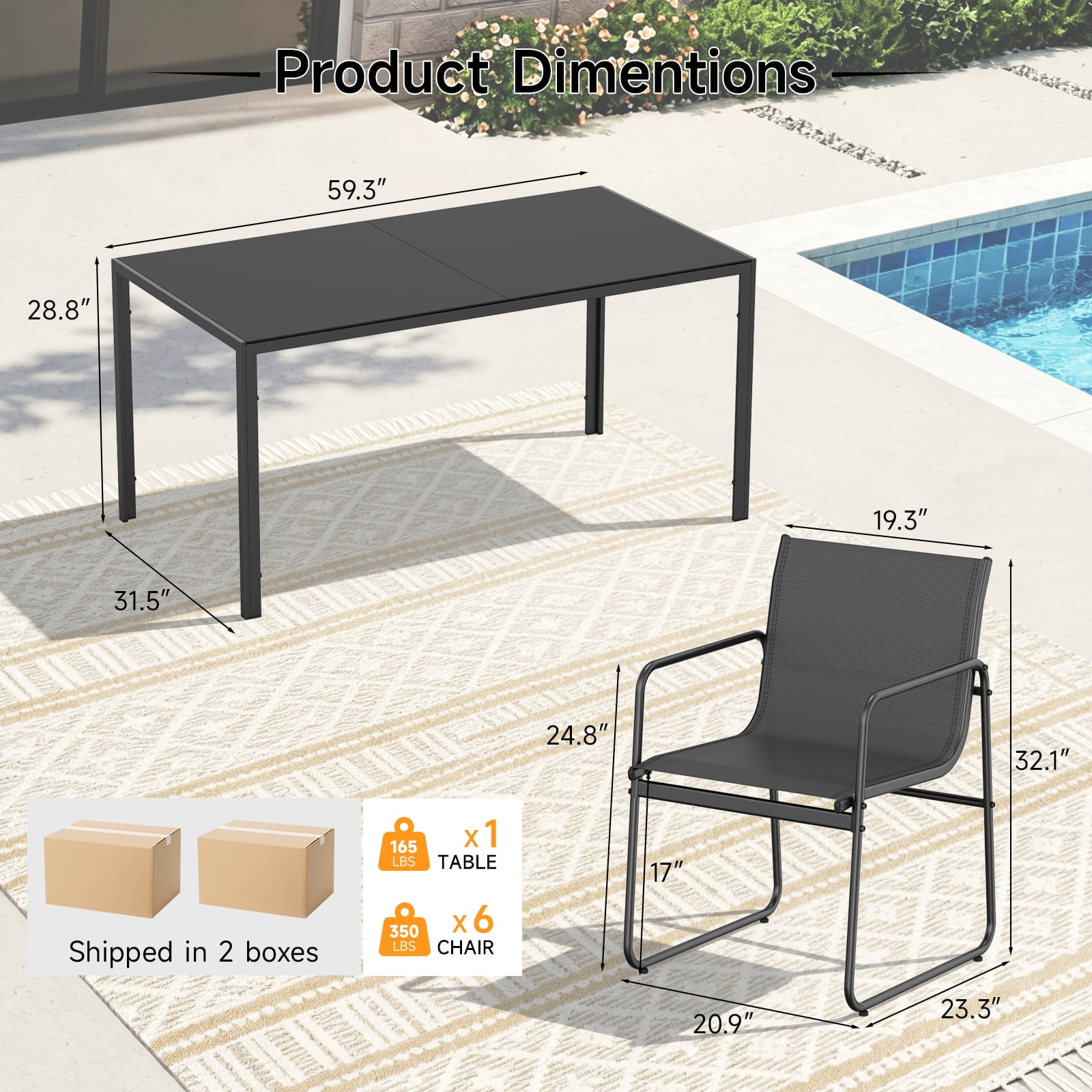Vitarpatio 7-Piece Outdoor Patio Dining Set with 6 Textilene Chairs and Glass Table (Black, 7-Piece Set) l57ce