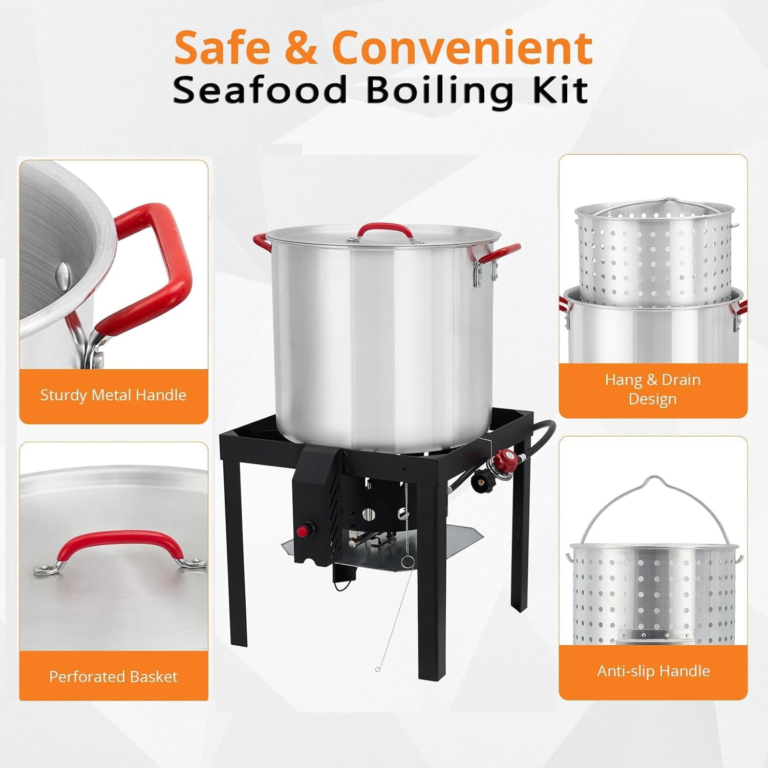 Kitsin Aluminum Turkey Deep Fryer and Seafood Boil Pot Set with Strainer and 110,000 BTU Propane Burner (Silver, 100 qt) 9xc65