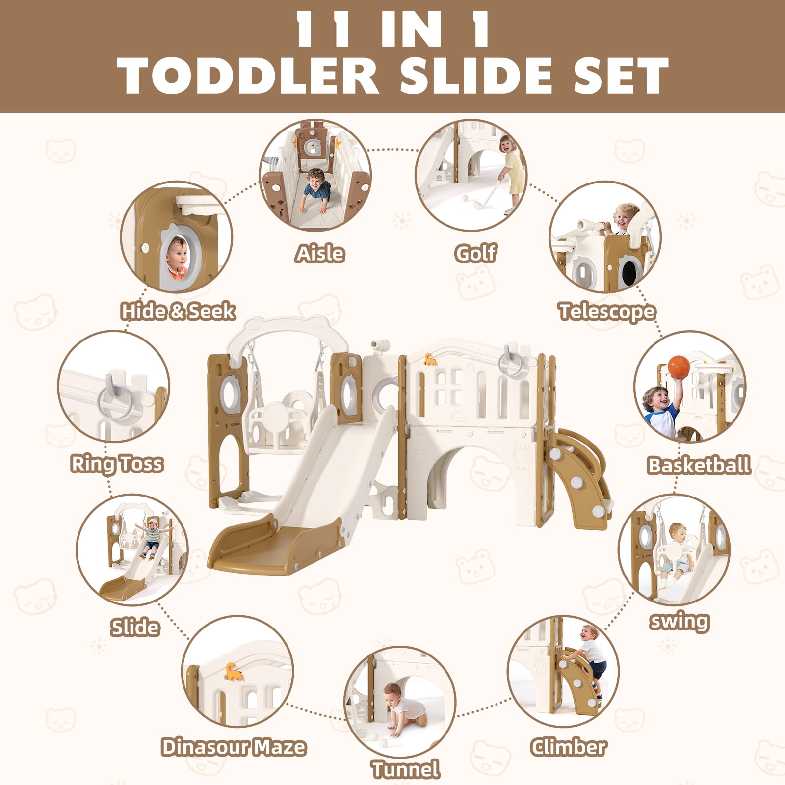 XJD 11-in-1 Toddler Slide and Swing Set, Indoor Outdoor Playground Playset with Basketball Hoop and Climbing Zone (Coffee, 1 Unit) hvqr9