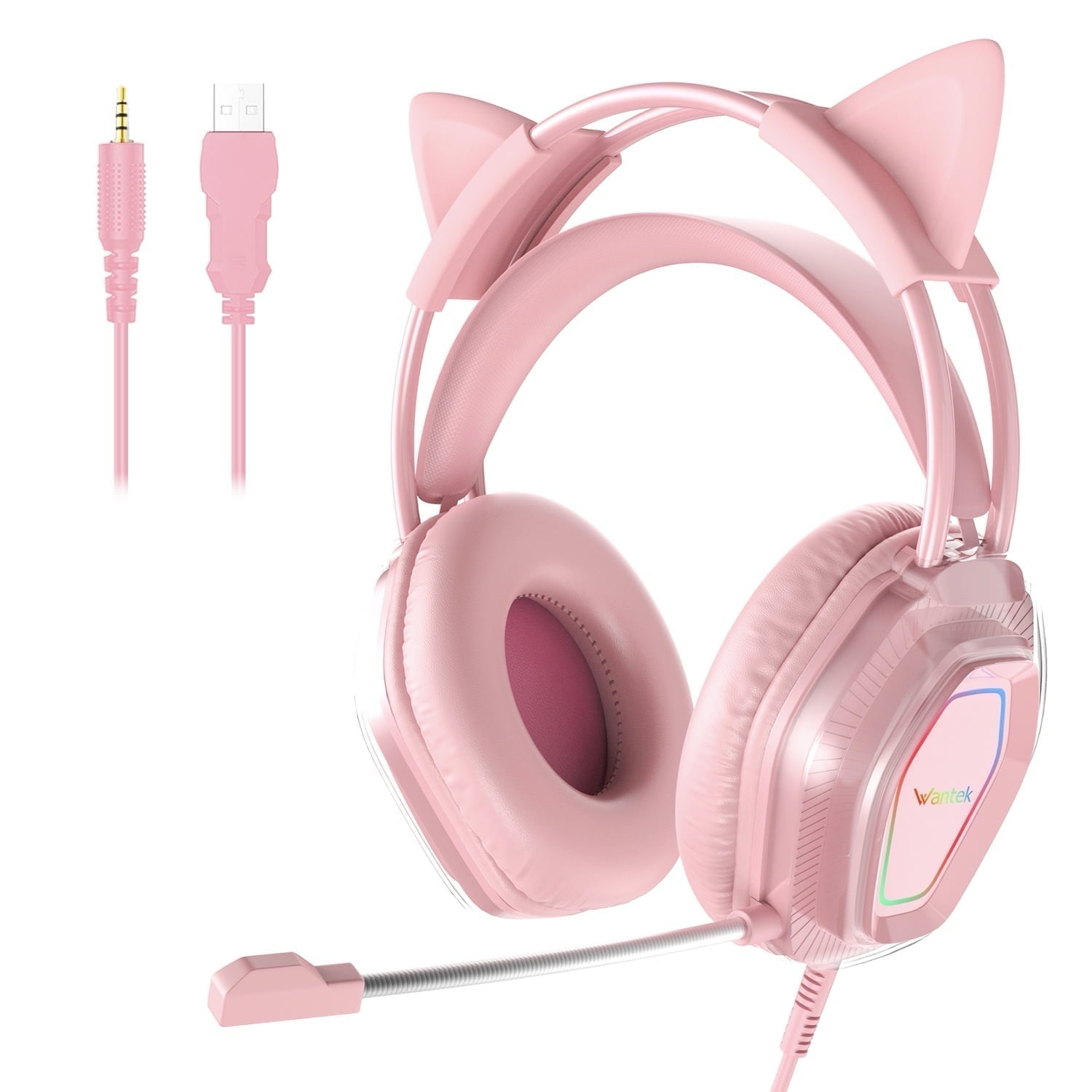 Wantek V10 Cat Ear Gaming Headset with RGB Lighting and Noise-Canceling Microphone (Pink, 7.17 ft) bt2cw