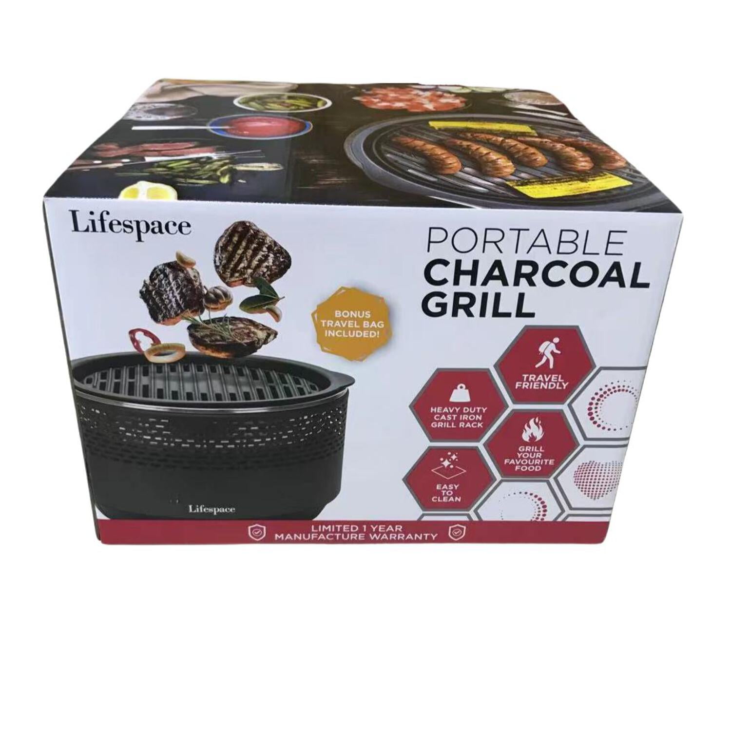 Lifespace Portable Charcoal Grill with Dome Lid and Carry Bag (Black, 13.78 in wide) 5rr91