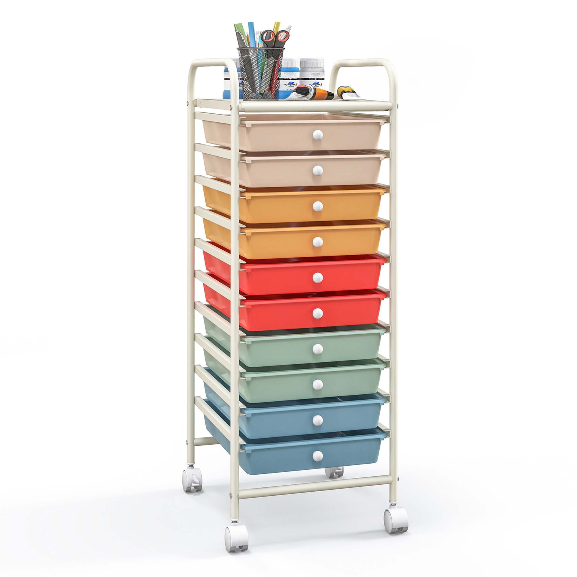Costway 10 Drawer Rolling Storage Cart Mobile Organizer for Office School and Crafts (Macaron, 13 in x 15 in x 34 in) 5j3gh