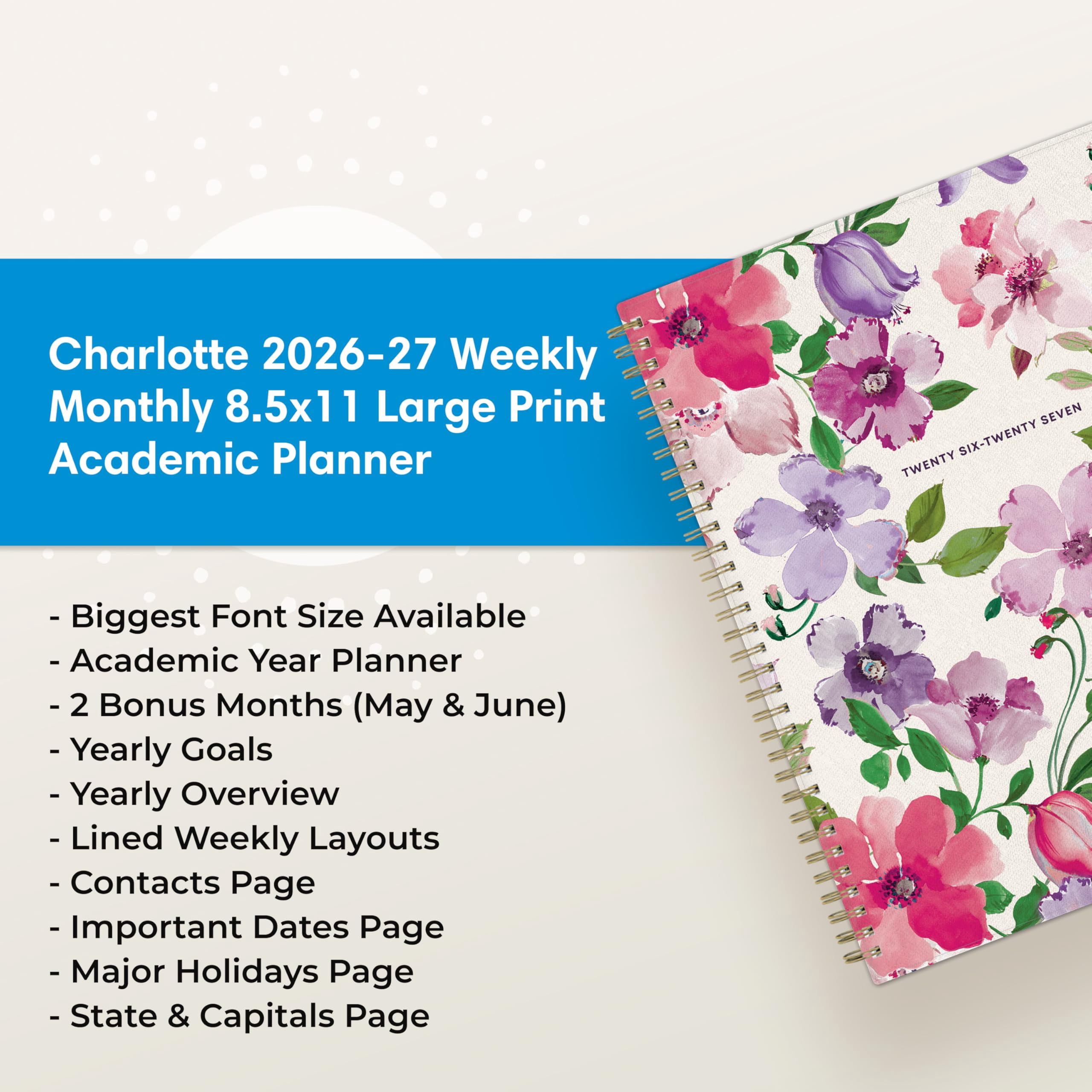Blue Sky 2026-2027 Academic Planner, Weekly & Monthly Large Print Organizer, Charlotte Design (Blue, 8.5 in x 11 in) qygl3