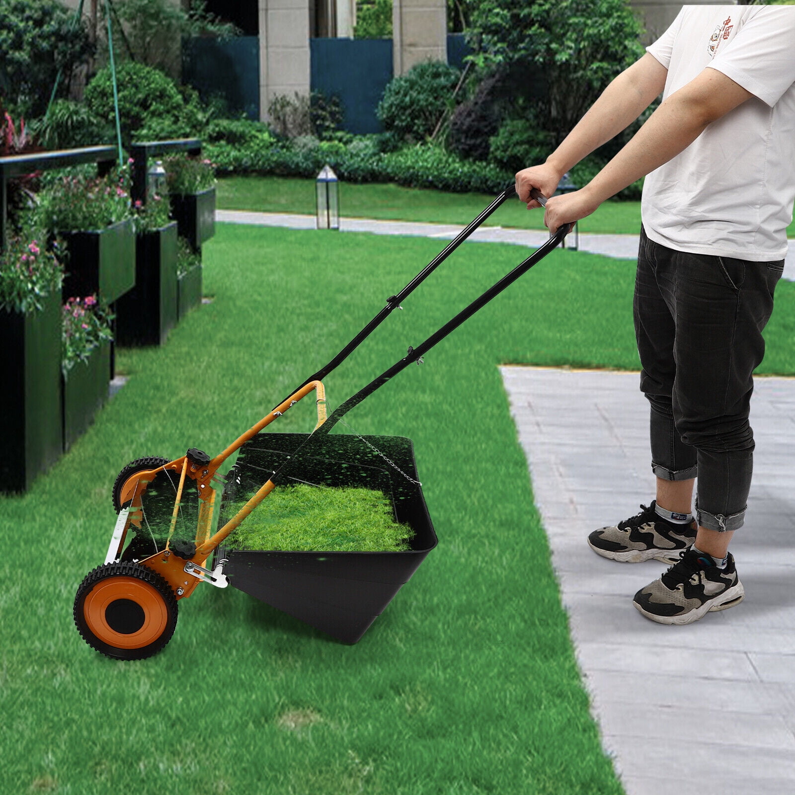Generic 16-inch Manual Hand Push Lawn Mower with Grass Catcher (Black, 16 in) s1j2u