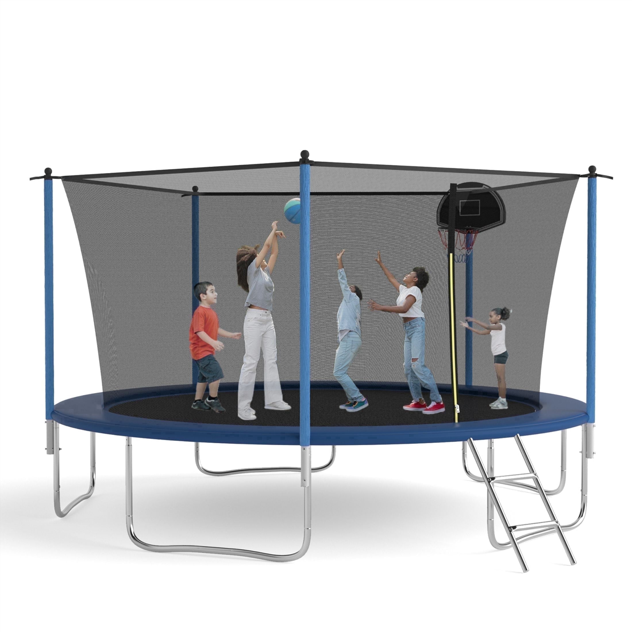 SENCHO GINSYTALIOR Round Outdoor Trampoline with Enclosure Net and Basketball Hoop (Blue, 14 ft) 5l0bm