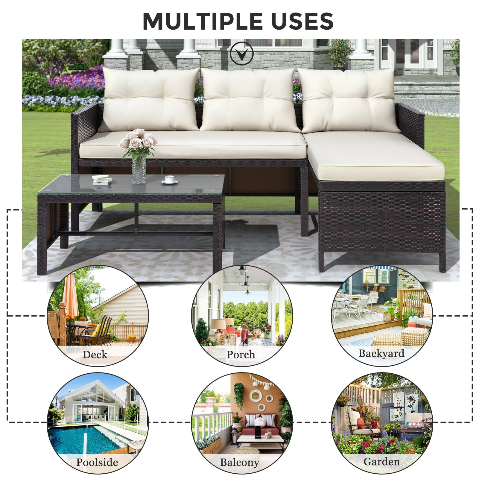 Syngar 3-Piece Outdoor Patio Furniture Sectional Set, PE Rattan Wicker Conversation Set with Cushions and Coffee Table (Beige, 3-Piece Set) 14sg0