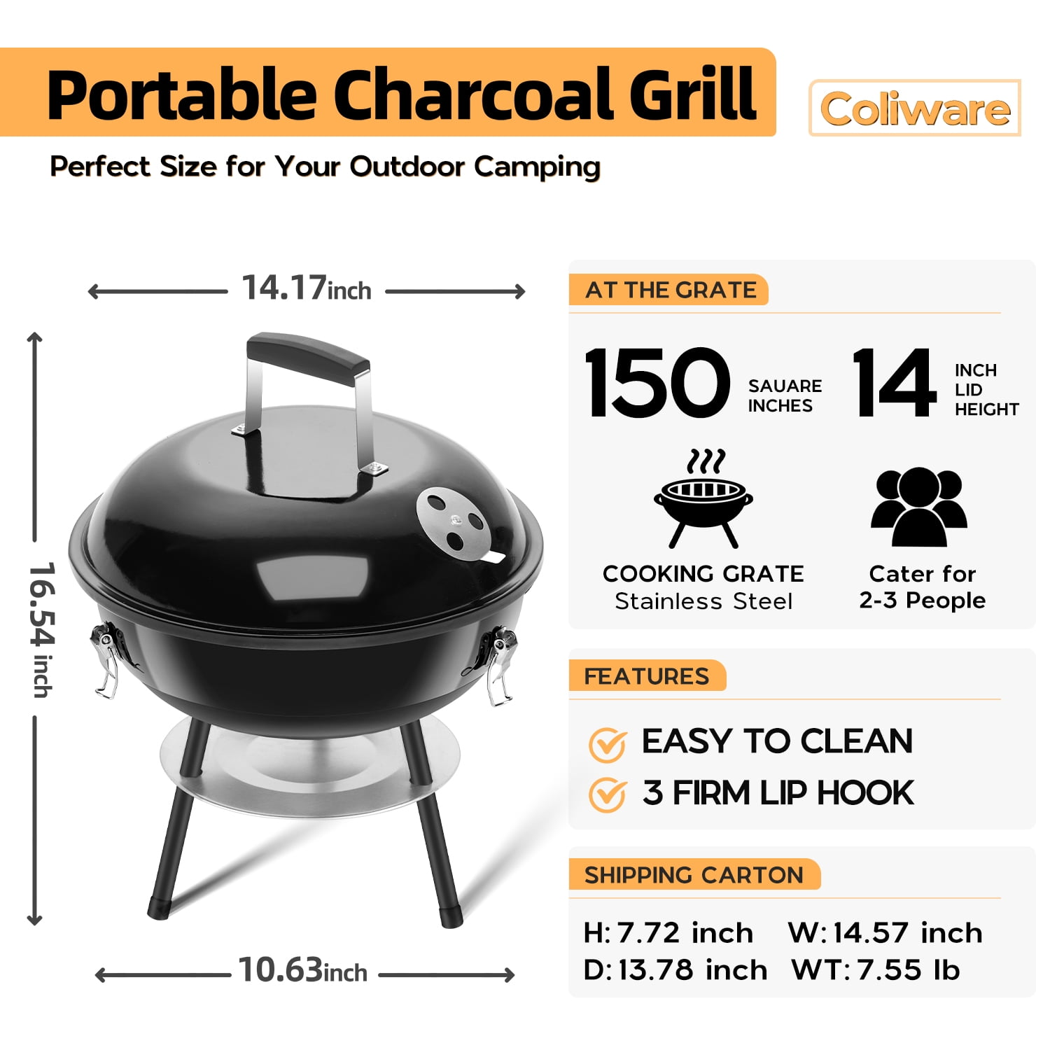 Coliware Portable Charcoal Grill, Enamel Coated Kettle Smoker with Dual Venting System (Black, 14 in) e98l6