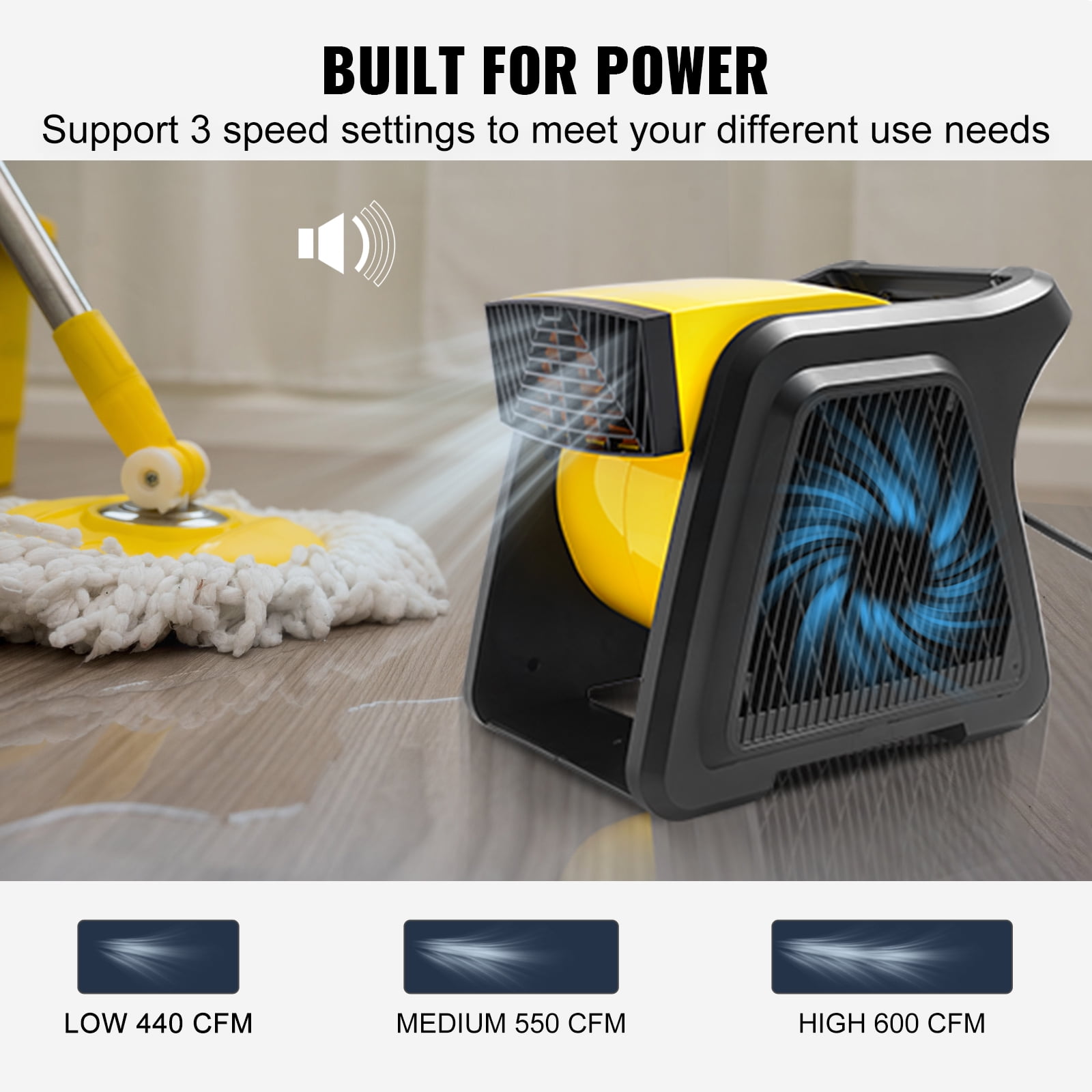 VEVOR 600 CFM 3-Speed Floor Blower Fan, Portable Utility Air Mover for Carpet Drying and Ventilation (Black, 12.8 in x 10.2 in x 11.4 in) hyknc