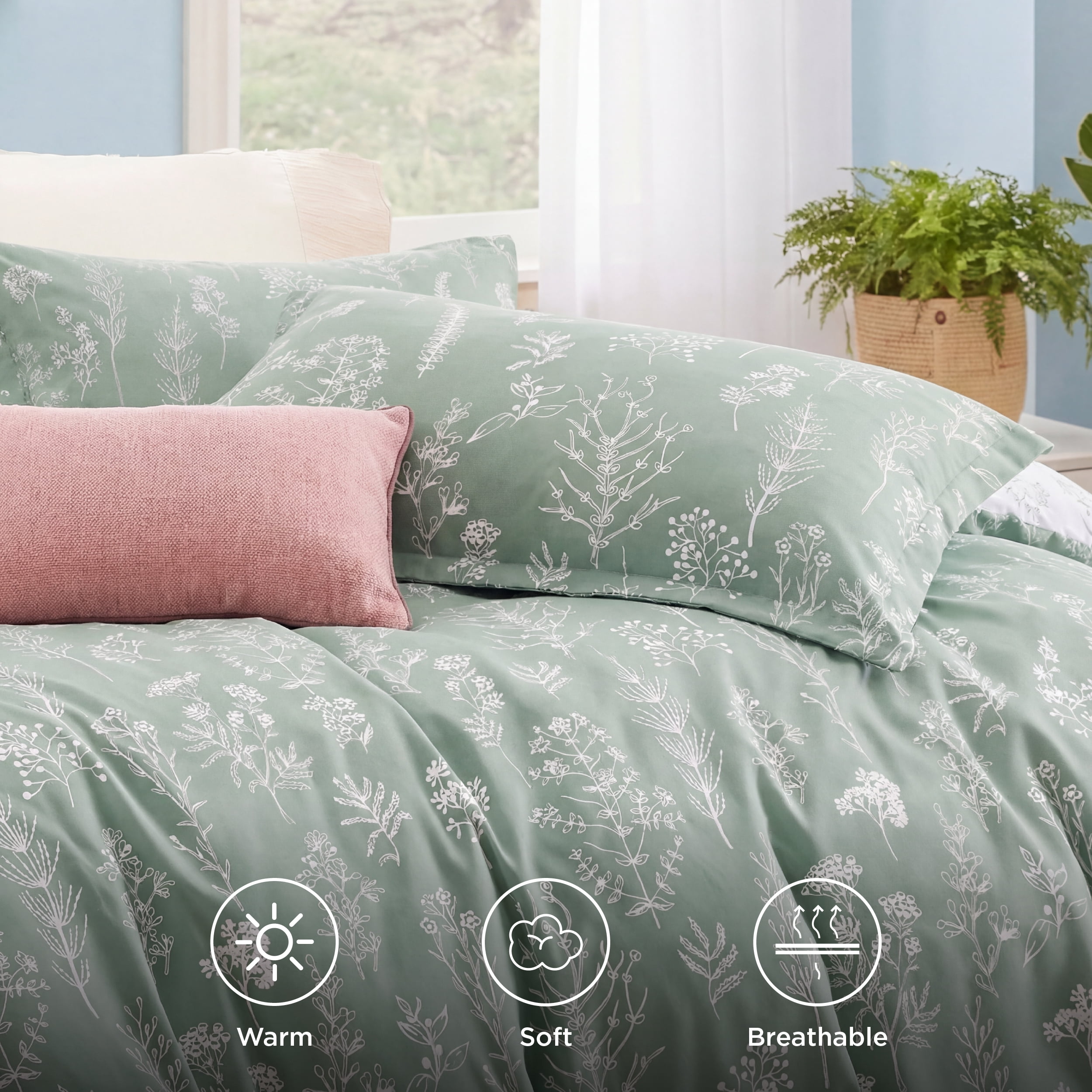 U by Bedsure Botanical Floral Comforter Set, Lightweight Soft Bedding with 2 Pillow Shams (Sage Green, Queen) tnr5d