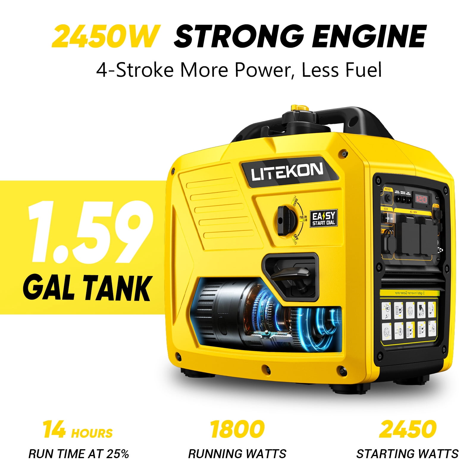 Rvchic 2450-Watt Portable Inverter Generator, Gas Powered Quiet Power Station for Camping and Home Backup (Yellow, 38.97 lb) mdggw