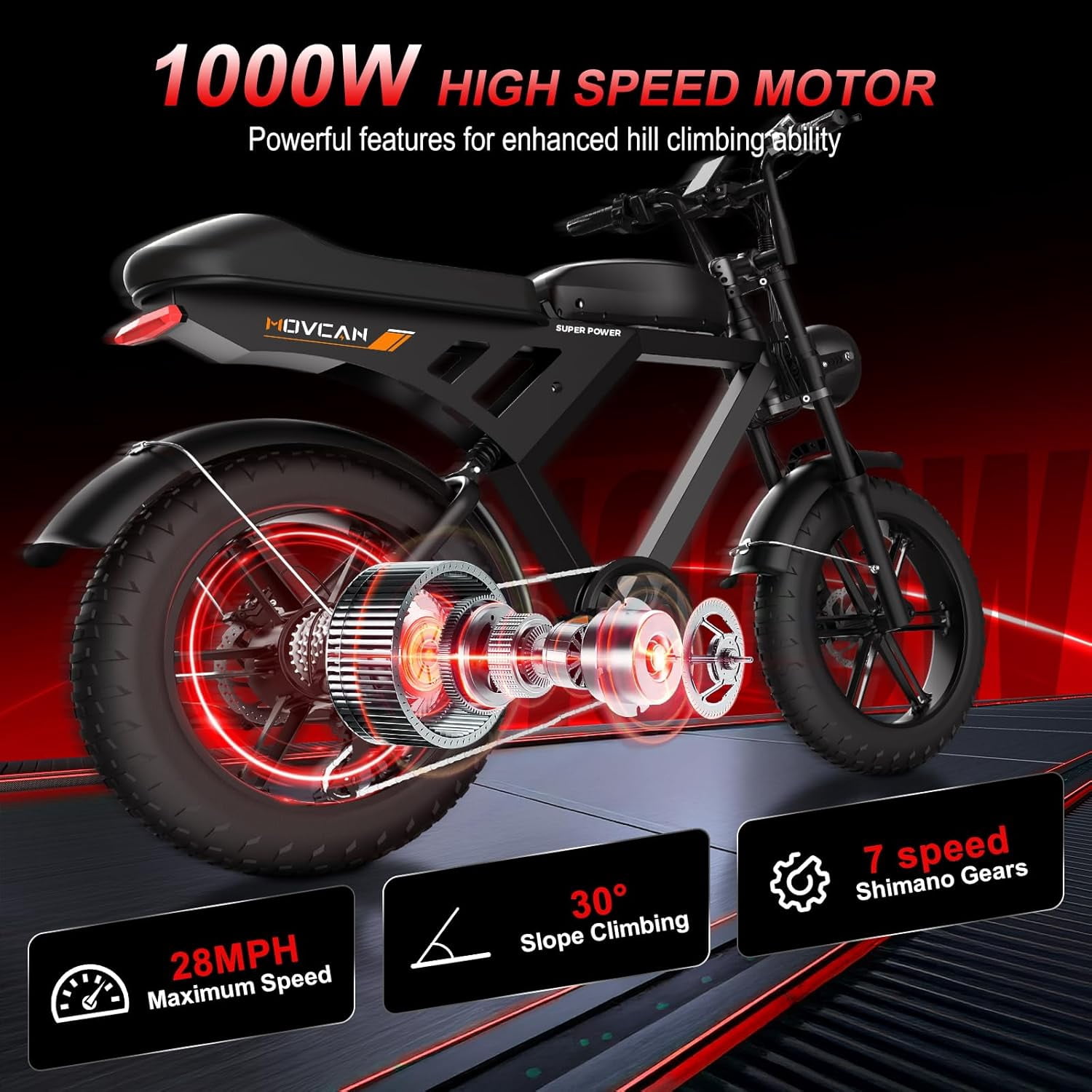 Movcan V30 Electric Bike for Adults, 1000W Motor 20 in Fat Tire Off-Road Mountain Ebike (Black, 48V 15.6Ah) wihzd