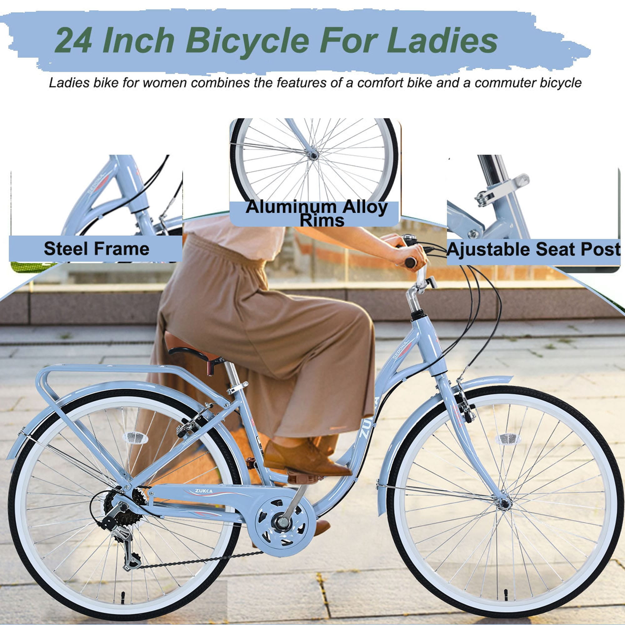 TBSCWYF 24-inch Beach Cruiser Bike, 7-Speed City Bicycle for Women, Adjustable Seat with Dual V-Brake (Blue) 4po8r