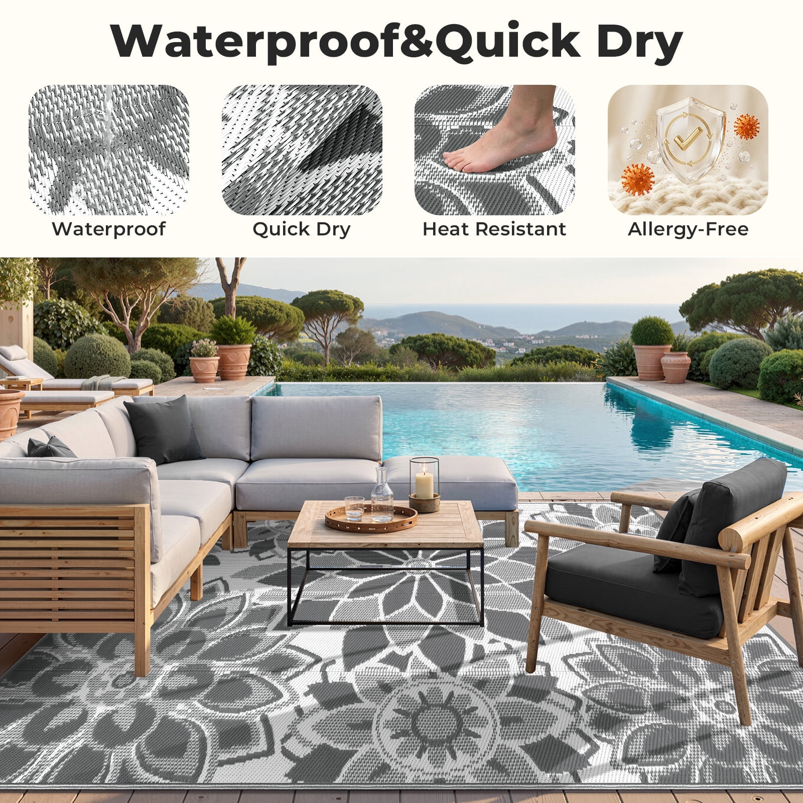 Findosom Reversible Outdoor Rug, Waterproof Plastic Straw Patio Mat for Camping and RV (Grey, 6 ft x 9 ft) ci7al