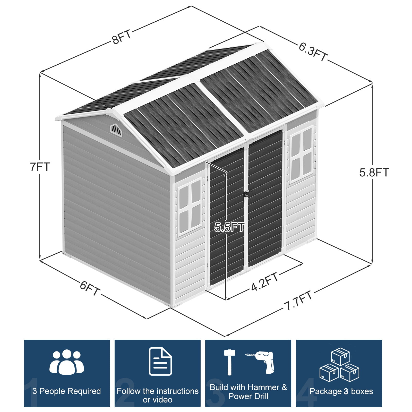 JULY'S SONG Outdoor Storage Shed with Floor, Weather-Resistant Resin Garden Tool House with Lockable Door and Windows (Grey, 8x6 ft) liaf2