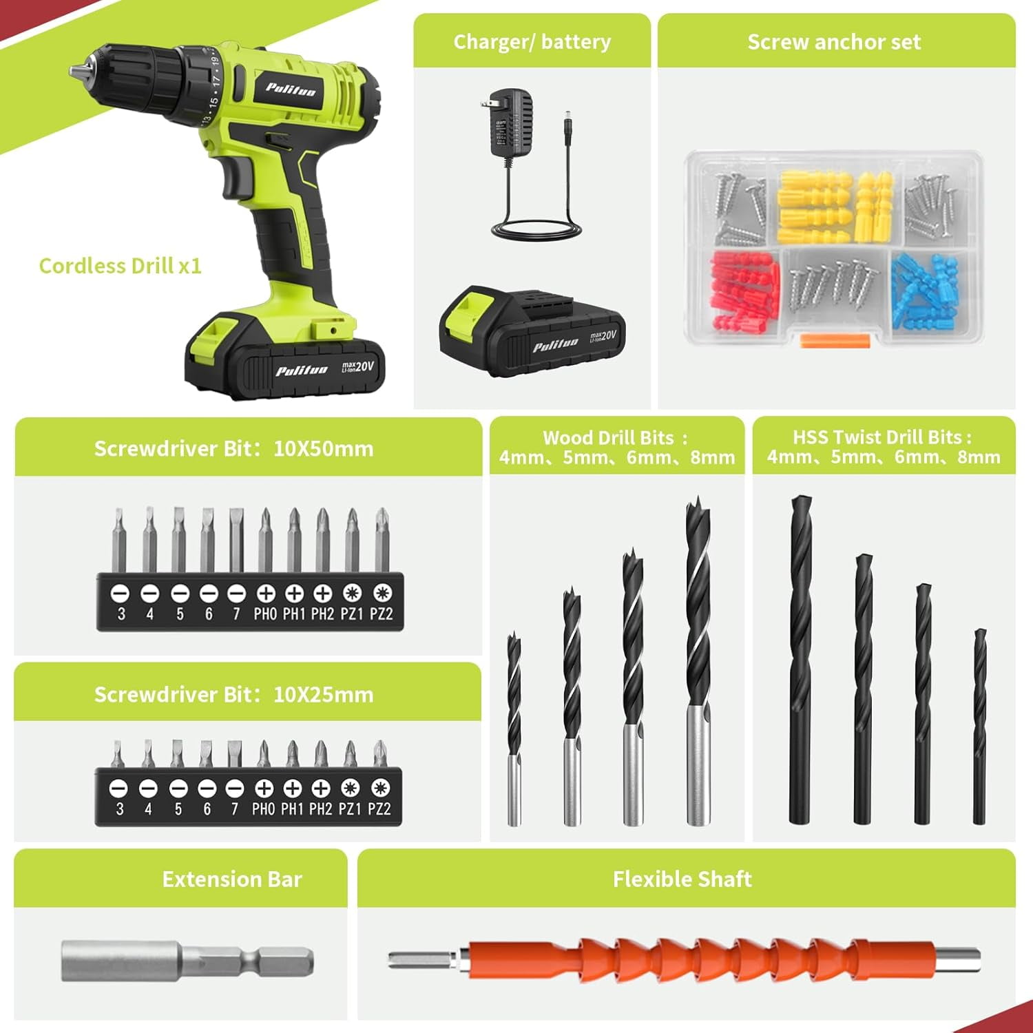 Pulituo 20V Cordless Drill Driver Kit, All-Purpose Home Repair Tool Set with 119 Pieces (Green, 119-Piece Set) gevl8