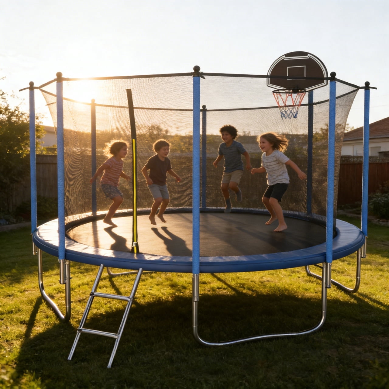 Shengchao Trade 12 ft Recreational Trampoline with Safety Enclosure, Basketball Hoop, and Ladder (Blue, 1000 lb) 0im0x